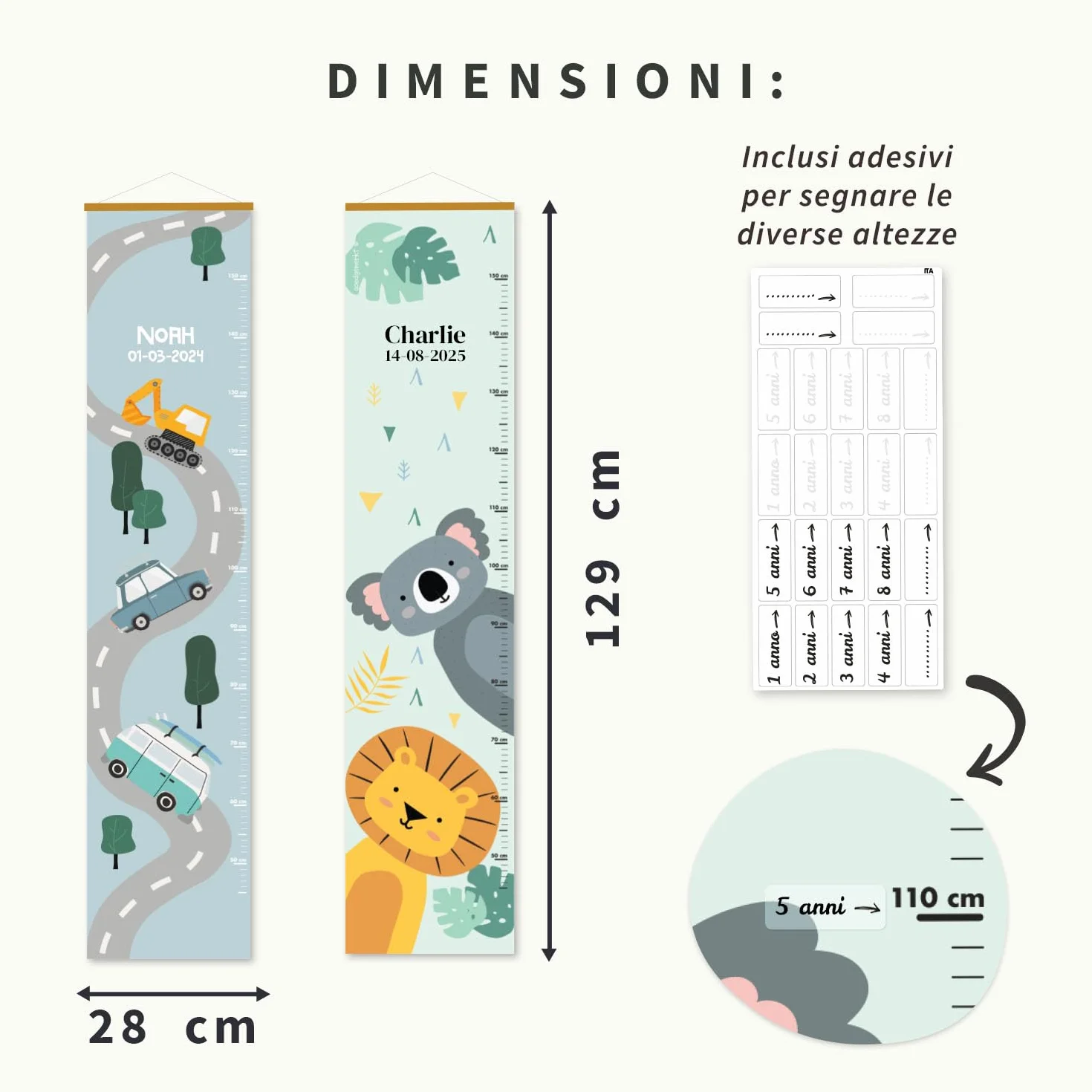 Metro crescita bimbi personalizzato con nome e data nascita decorazione cameretta 129x28 cm Mare