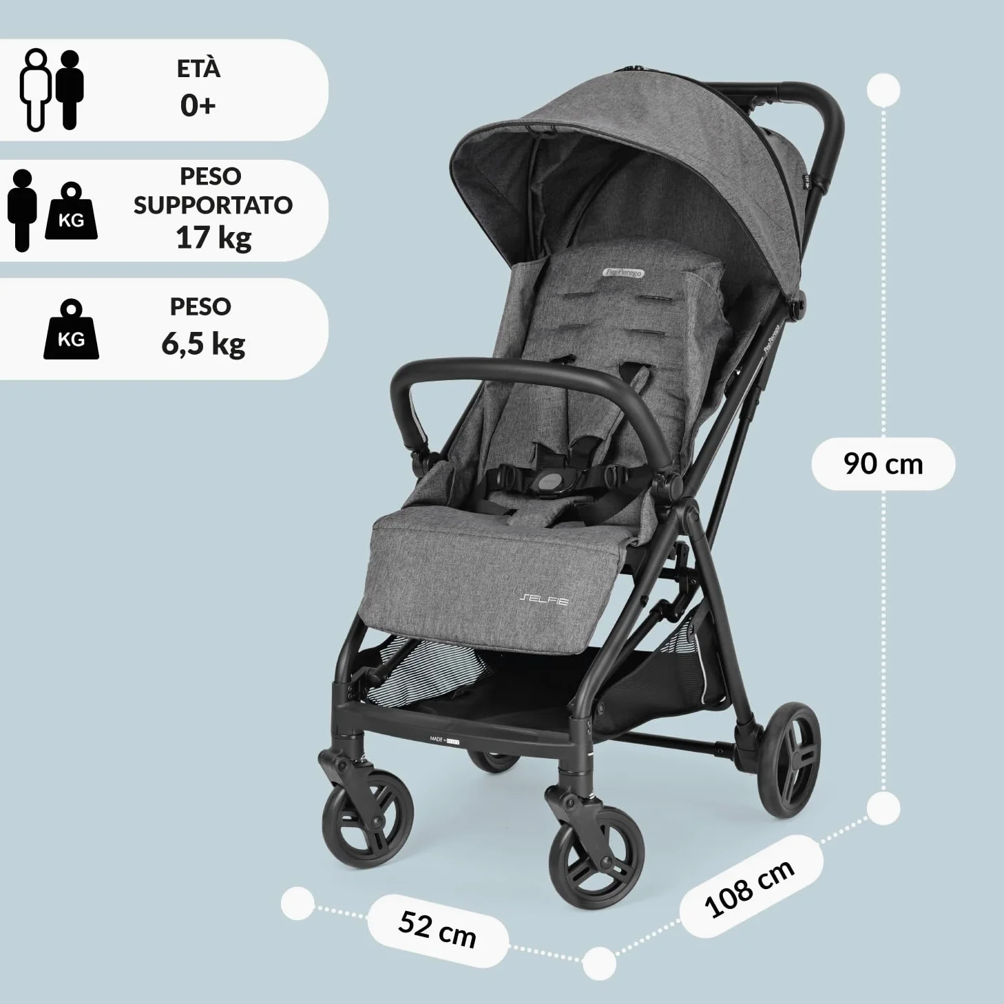 PEG Selfie Passeggino Leggero dalla Nascita fino a 22 kg (0 - 4 anni), Pieghevole e Compatto, Chiusura Automatica, Schienale Reclinabile, Capottina UPF 50+, Quarz