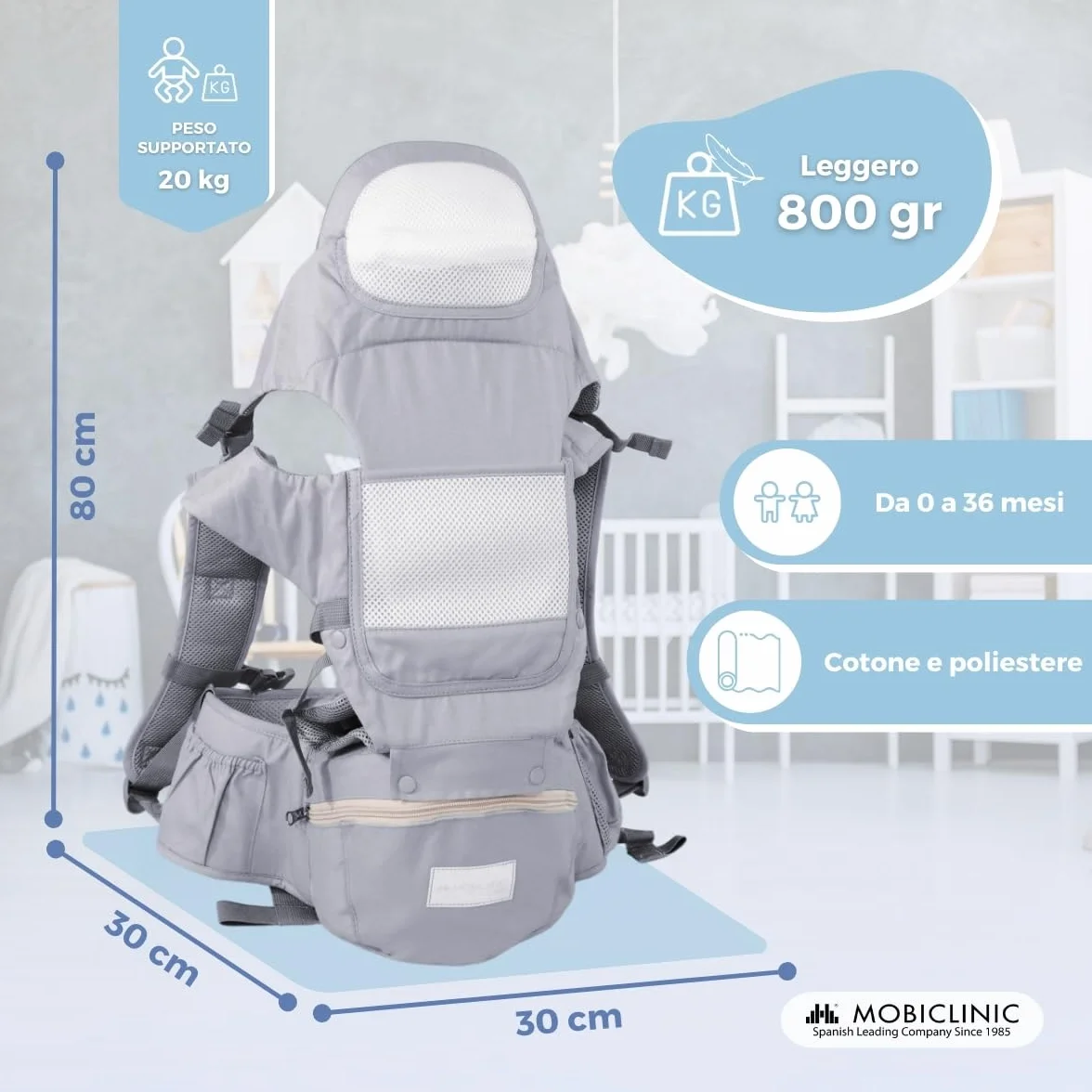 Mobiclinic® kids, Marsupio neonato, 6 in 1, Moley, Ergonomico, Multiposizione, 0-36 mesi, Pieghevole, Tasca con cerniera, Portabiberon, Cotone premium morbido, Per neonati e bambini (grigio)