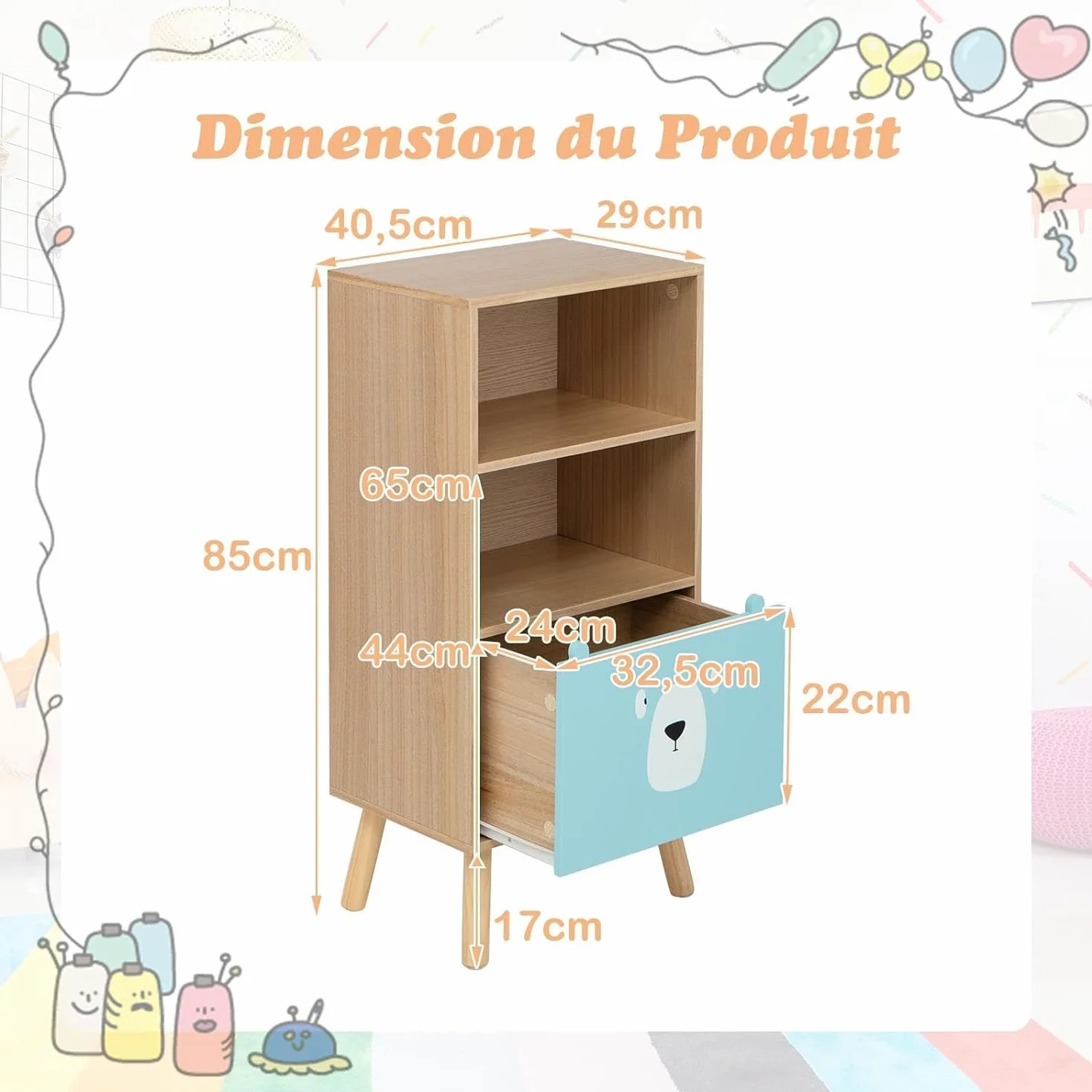 Libreria per Bambini RELAX4LIFE 3 Ripiani 40x30x85 cm Legno Cassetto 2 Scomparti Antiribaltamento 50 kg