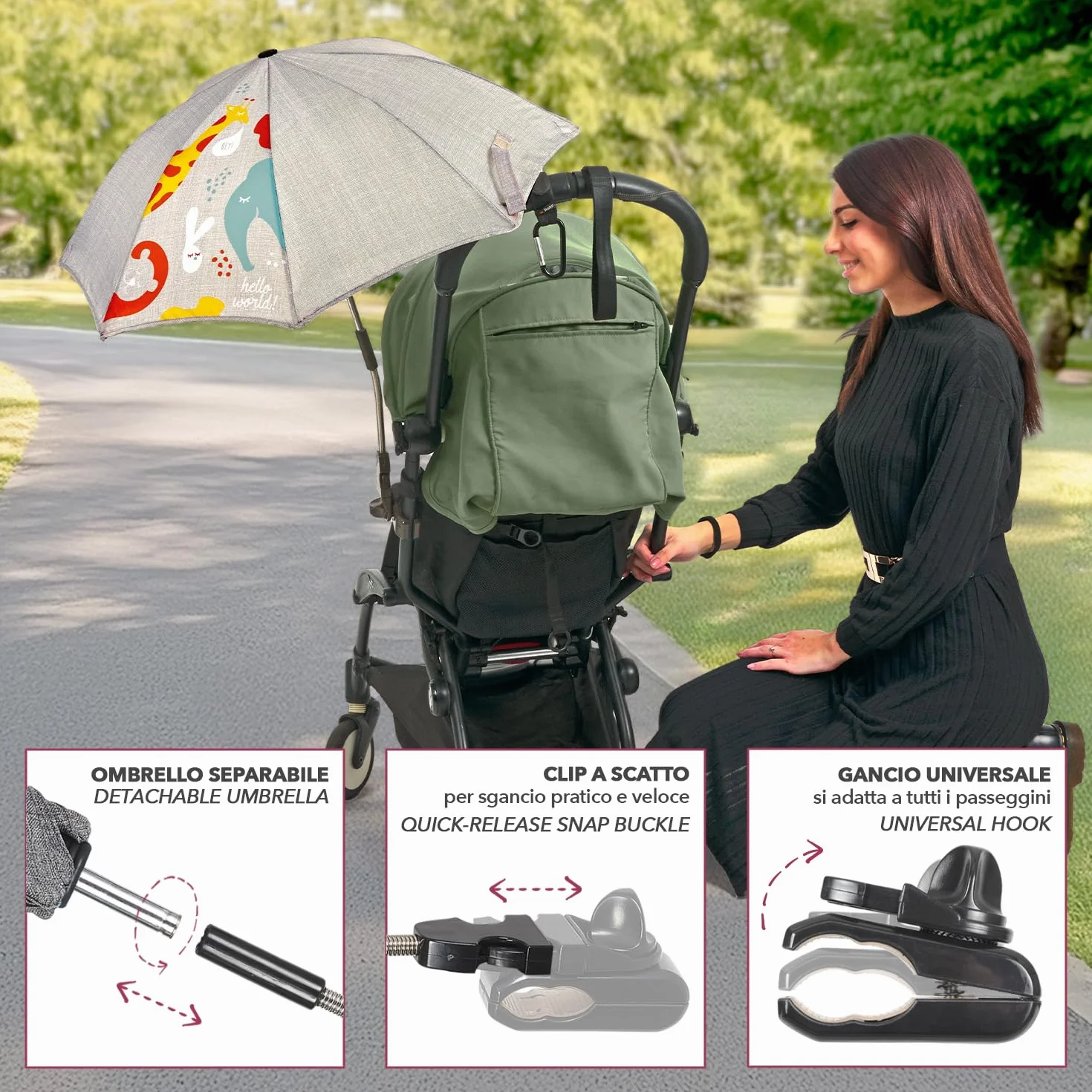 PERLETTI Parasole Universale Anti UV Ombrello Passeggino Bambino Neonato Stampa Animali