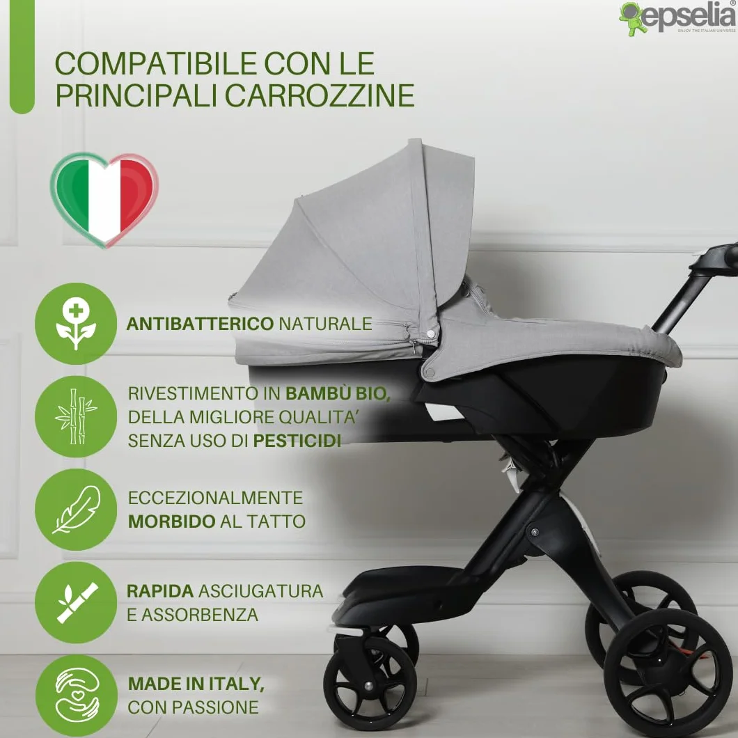EPSELIA Materassino in Bambù Bio per Carrozzina con Guanciale Antisoffoco EN16890:2017 Certipur Oeko-Tex