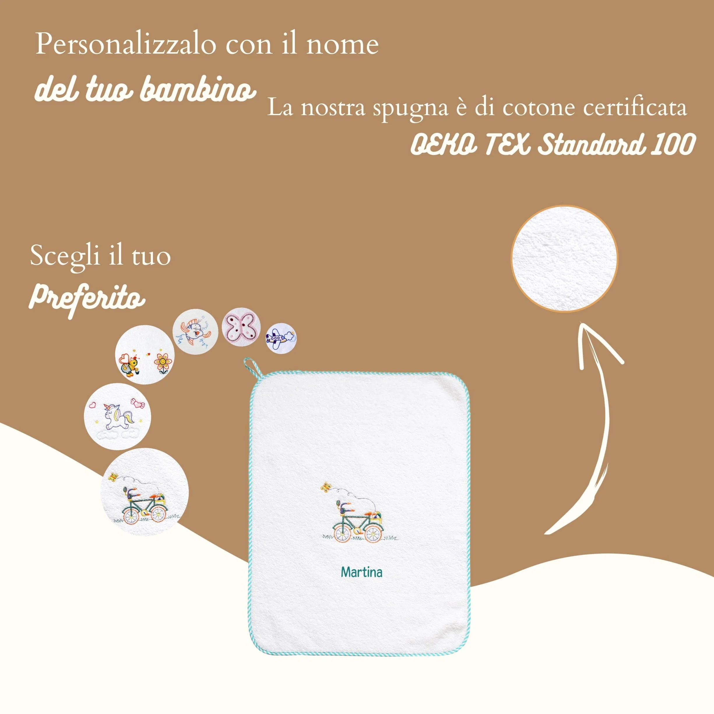 Coccole Set Asilo 2 Asciugamani Personalizzati Bambini Cotone Anallergico Bicicletta Verde