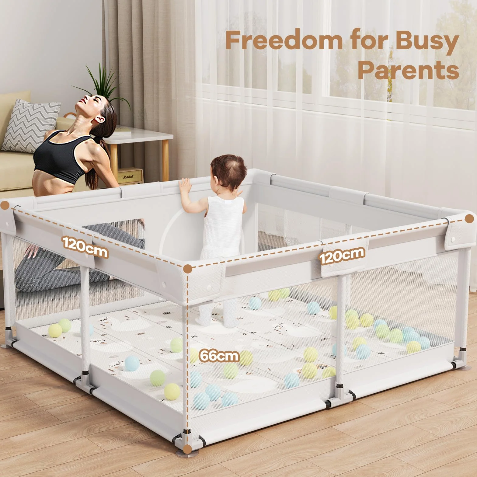 Box per bambini con materasso, 120 x 120 cm, piccolo box con tappetino, box per appartamenti, box con rete traspirante su quattro lati e ventose