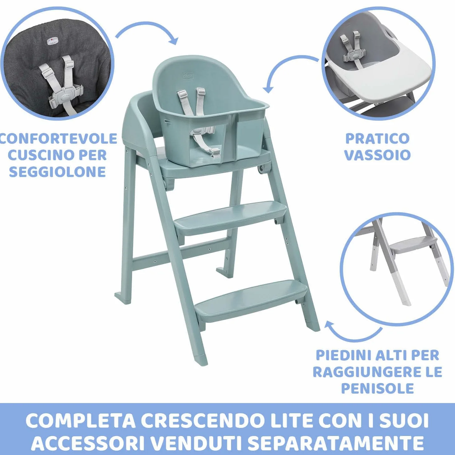 Chicco Crescendo Lite Seggiolone Pappa Evolutivo per Bambini dai 6 Mesi fino a 110 kg, Como Lake, Verde Acqua