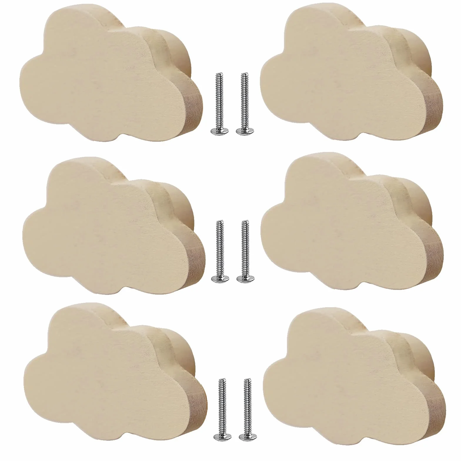 6 x Maniglie per mobili in Legno Originale,Maniglie per armadietti da Cucina,pomelli e Maniglie per camere per Bambini,Maniglie per cassetti a Forma di Nuvola dei Cartoni Animati,Clouds-Beige