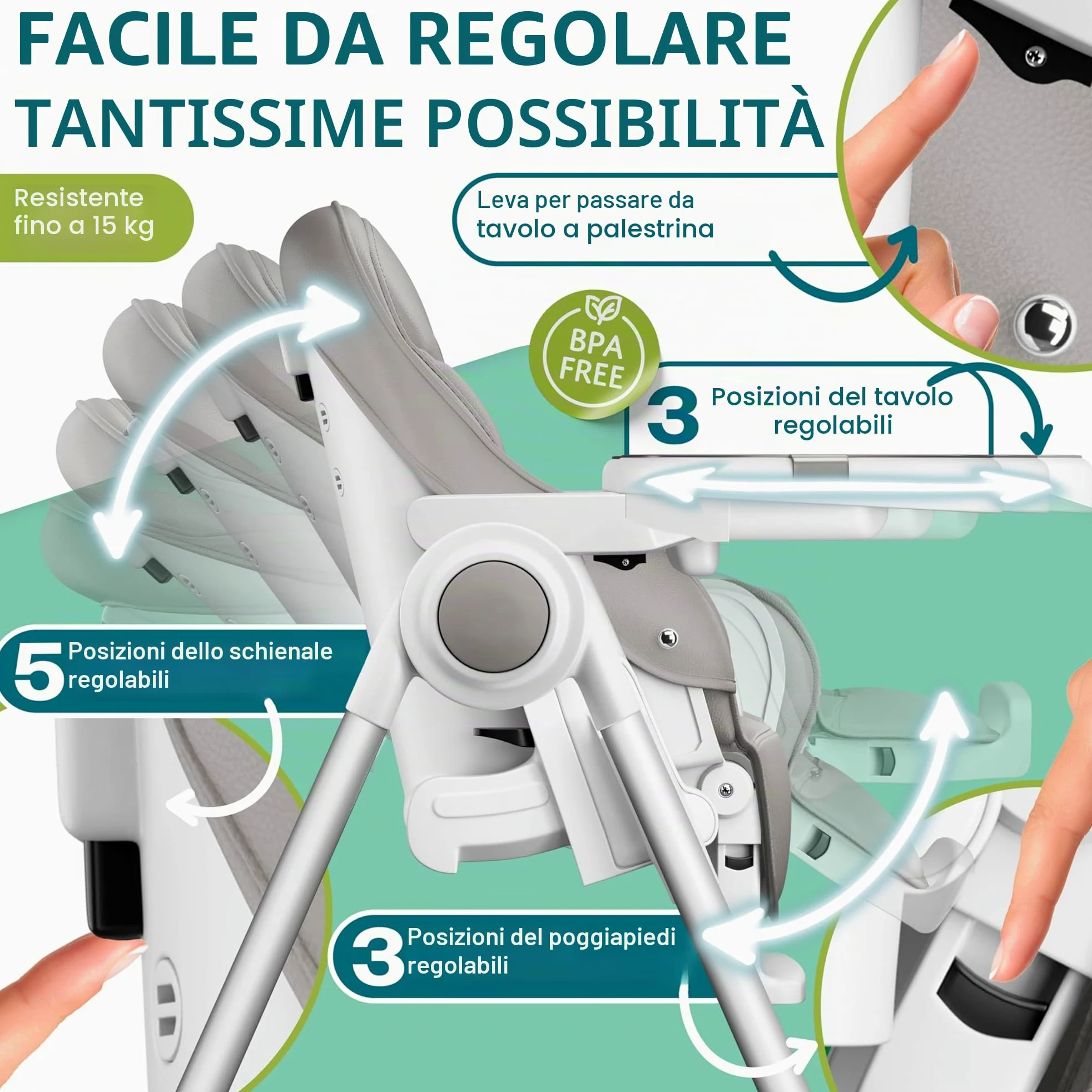 KIDIZ® 3 in 1 Seggiolone Seggiolone per bambini con barra dei giochi, Lettino per bambini, Seggiolone combinato Seggiolone per bambini, Schienale regolabile in 7 diverse altezze, grigio chiaro