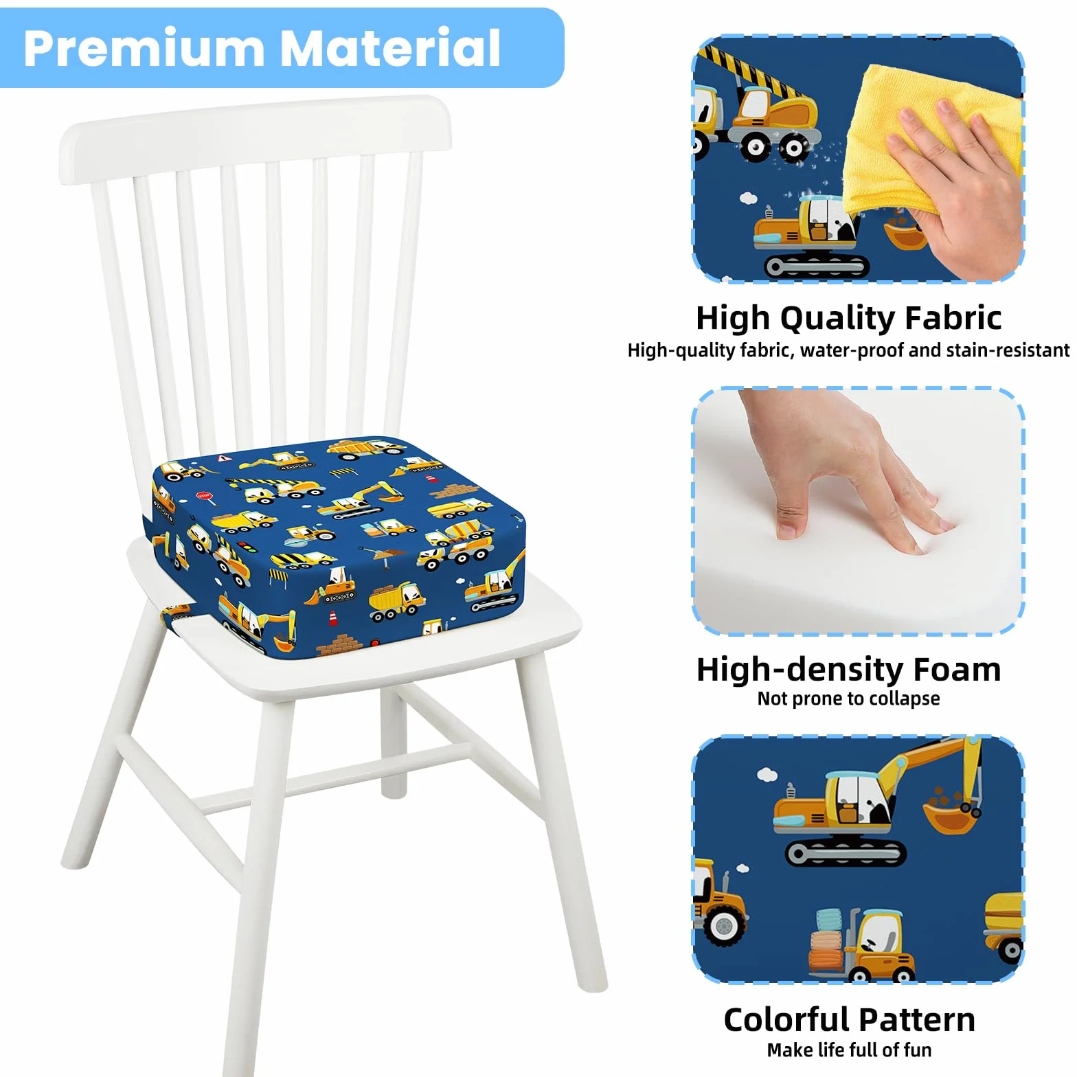 Seggiolino da Tavolo per Bambini Lavabile Cartoon Cuscino con Cinghie Regolabili Base Antiscivolo 32x32x10 cm Escavatore