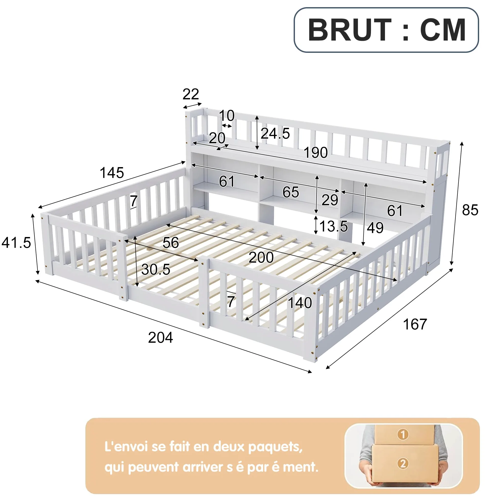DADEA Montessori - Lettino da pavimento, 140 x 200 cm, con protezione anticaduta e rete a doghe, letto singolo per bambini e ragazzi, senza materasso
