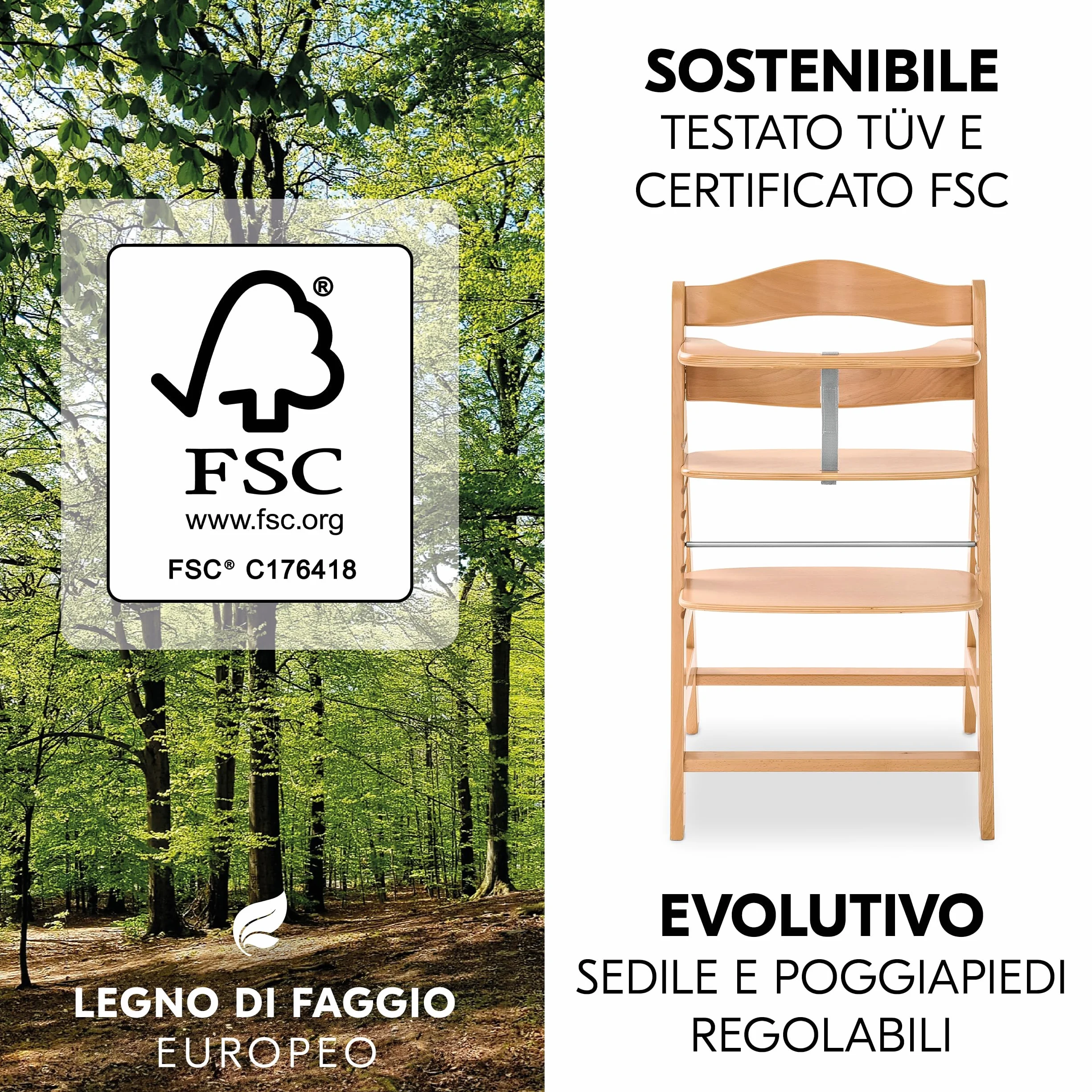 hauck Seggiolone Alpha+ Newborn Set Eco Bouncer - Seggiolone Pappa Bimbi in Legno dalla Nascita con Sdraietta Neonato 2in1 Regolabile e Cuscino - Naturale