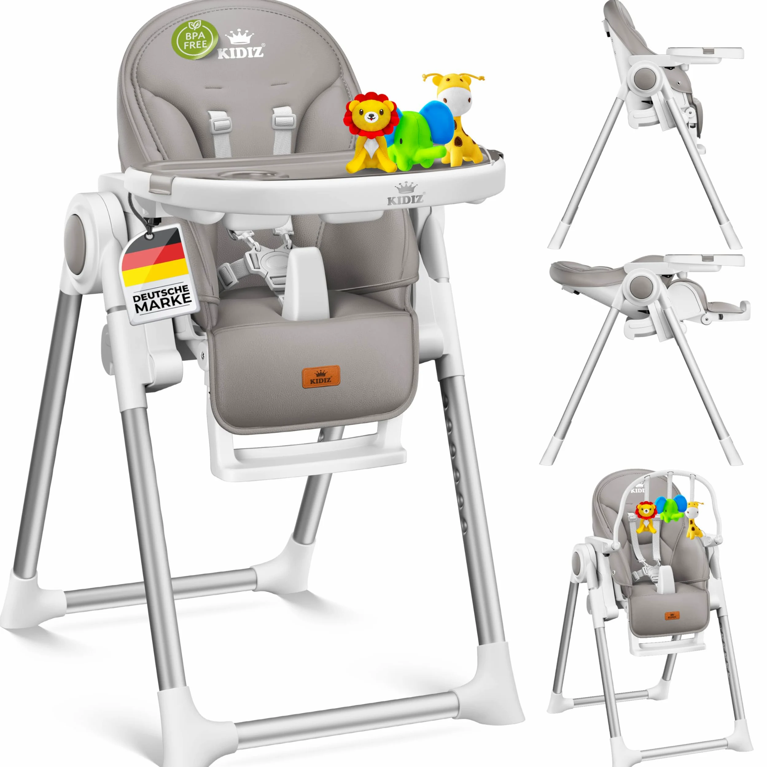 KIDIZ® 3 in 1 Seggiolone Seggiolone per bambini con barra dei giochi, Lettino per bambini, Seggiolone combinato Seggiolone per bambini, Schienale regolabile in 7 diverse altezze, grigio chiaro