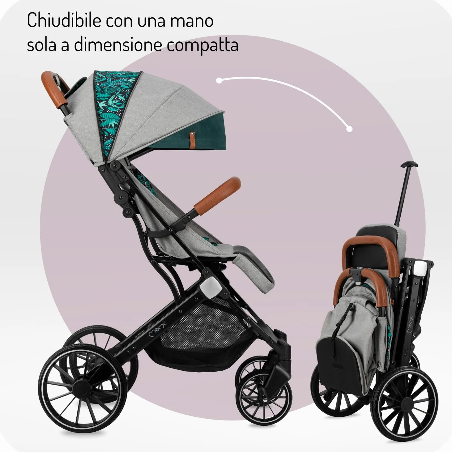 Passeggino MoMi ESTELLE DAKAR a partire da 6 mesi (fino a 22 kg), pieghevole con cintura di sicurezza a 5 punti, cestino porta spesa e funzione di apertura, manico telescopico per il traino