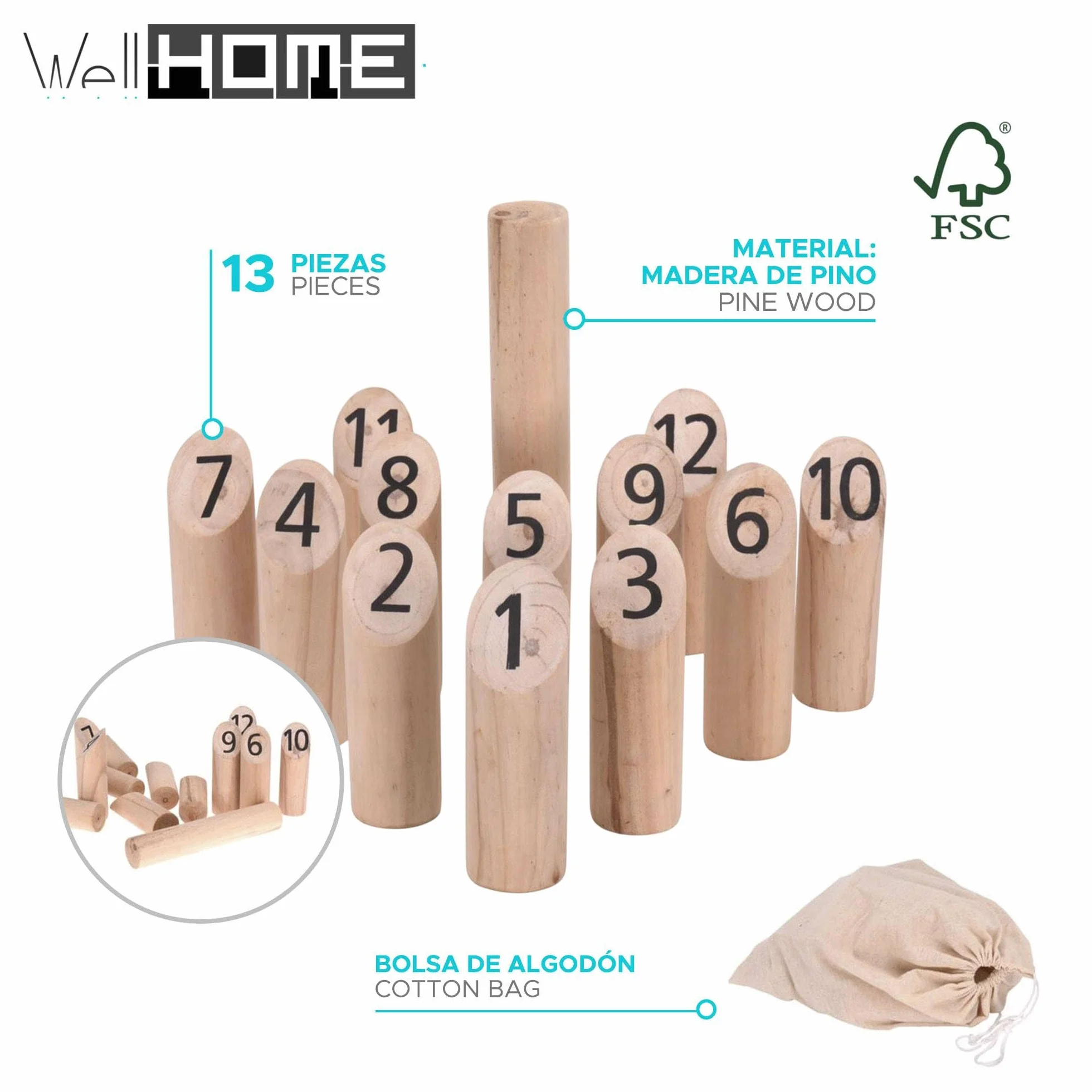 WELL HOME MOBILIARIO & DECORACIÓN Set KUBB 13 Pezzi Legno Naturale 20,4x10x25,5