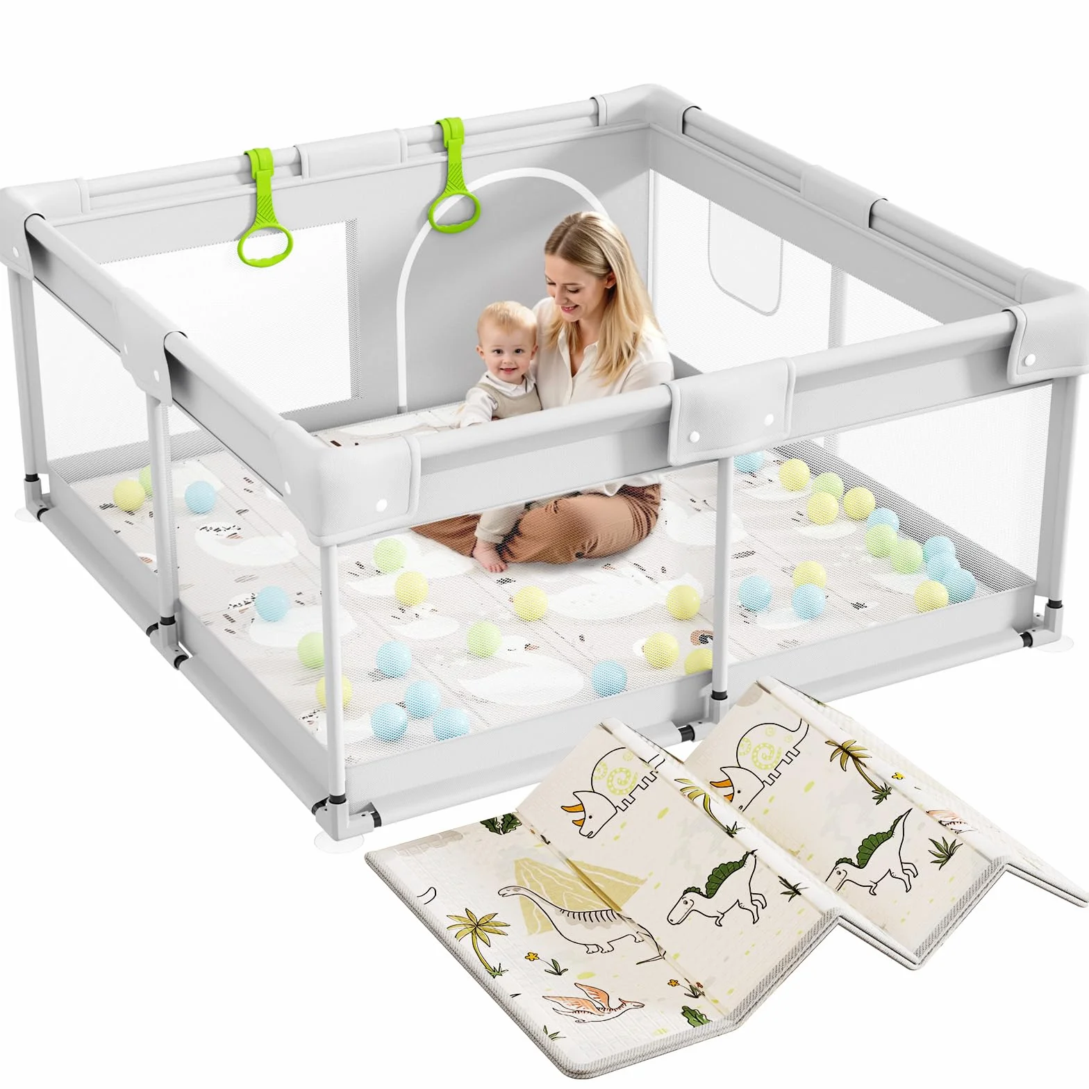 Box per bambini con materasso, 120 x 120 cm, piccolo box con tappetino, box per appartamenti, box con rete traspirante su quattro lati e ventose