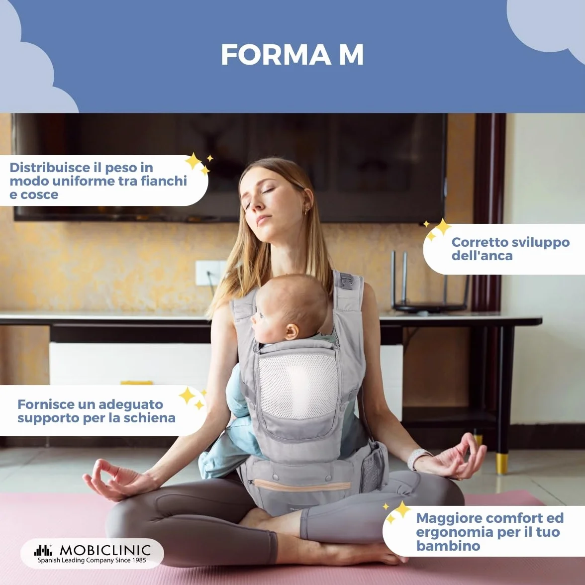 Mobiclinic® kids, Marsupio neonato, 6 in 1, Moley, Ergonomico, Multiposizione, 0-36 mesi, Pieghevole, Tasca con cerniera, Portabiberon, Cotone premium morbido, Per neonati e bambini (grigio)