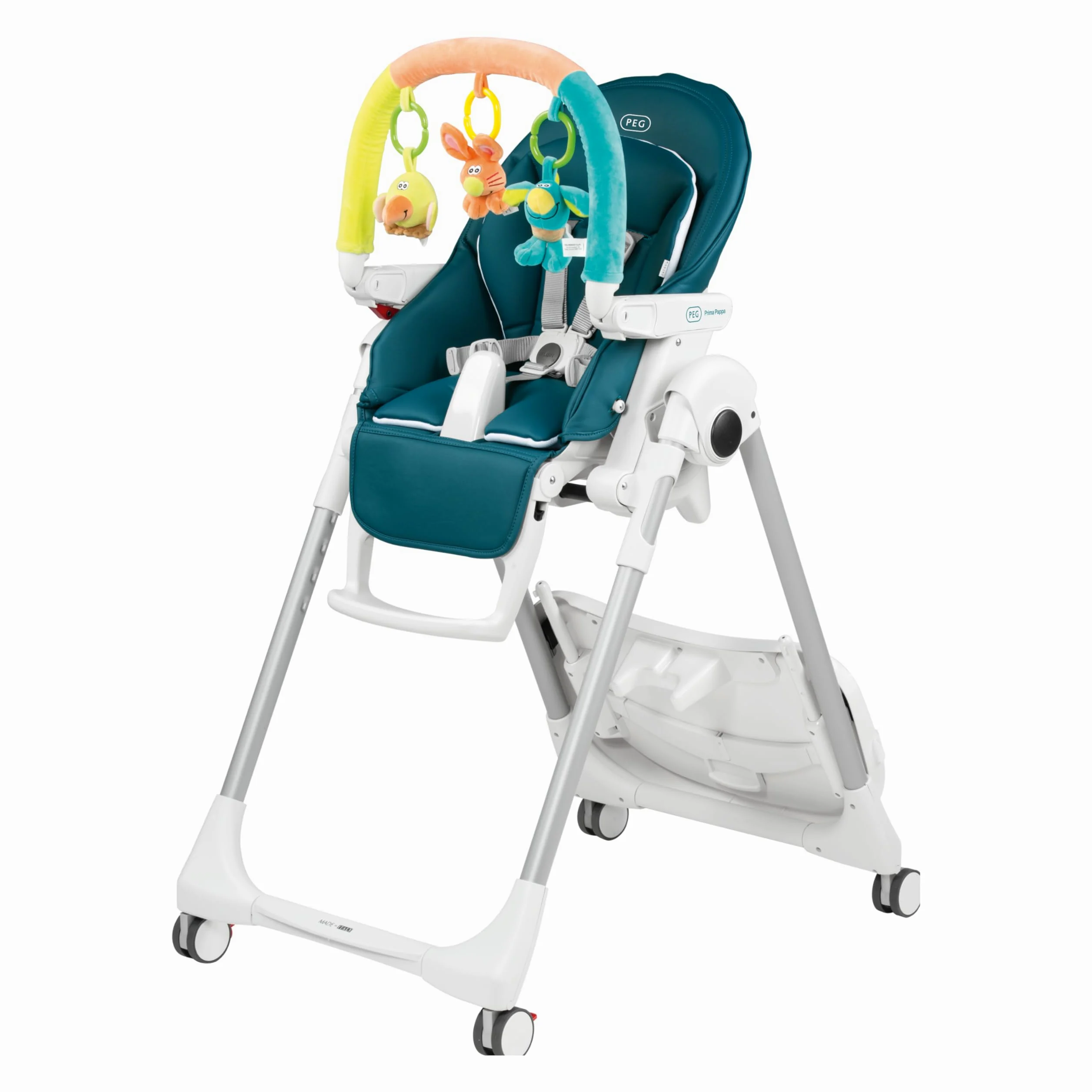 PEG Prima Pappa Follow Me Plus - Seggiolone e Sdraietta Neonato, Dalla Nascita, Regolabile in Altezza, 4 Ruote, Barra Gioco, Doppio Vassoio, Rivestimento Ecopelle, Chiusura Compatta, Petrolio