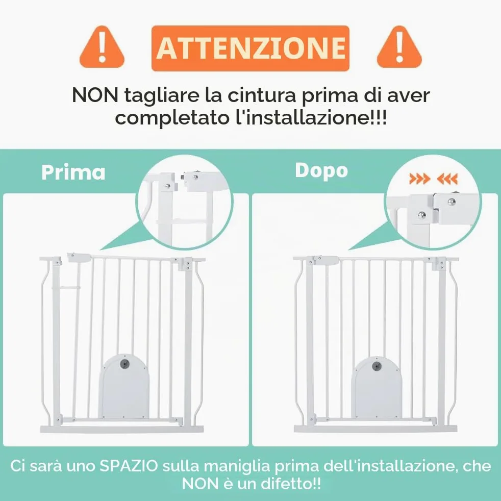 COMOMY Cancelletto per Bambini con Porta per Gatti Regolabile, Cancelletto per Gatti In Extra Largo da 75 a 123cm, Cancelletto per Cani a Chiusura Automatica con Porta per Animali (Alto 76cm, Bianco)