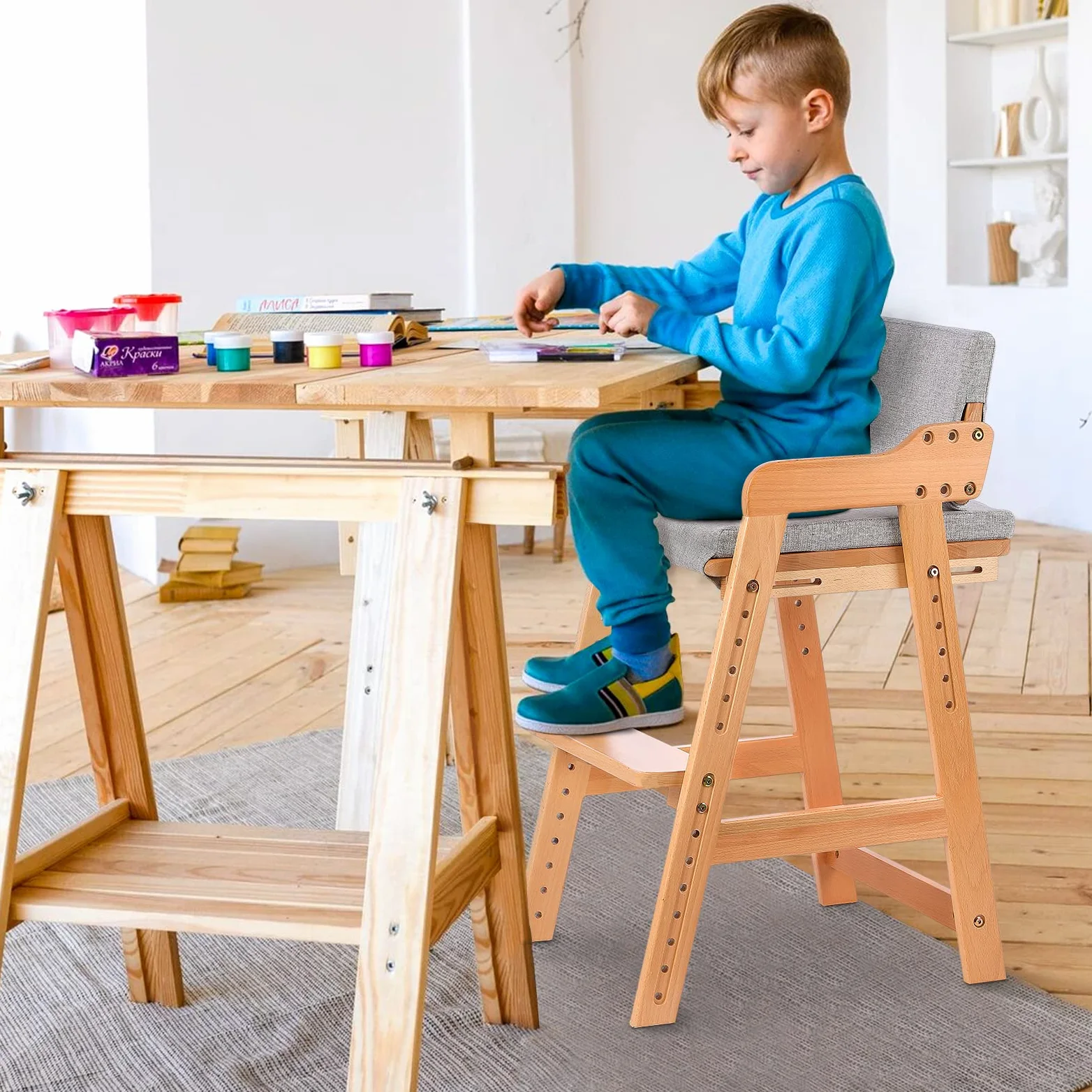 Ezebaby Seggiolone, sedia per bambini, in legno di faggio, regolabile in altezza, stabile e sicura, fino a 90 kg, per bambini e adulti
