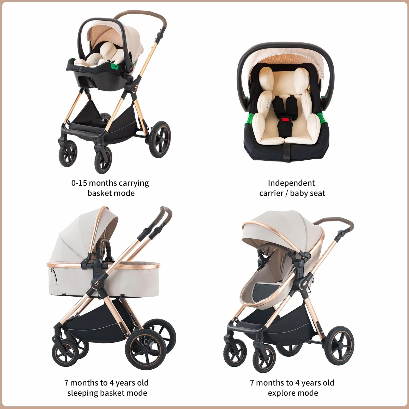 Passeggino 3 in 1 pieghevole,sistema da viaggio completo.Ideale per neonati e bambini fino a 22kg lettino e accessori come gondola (D2 PINK, H2-D)
