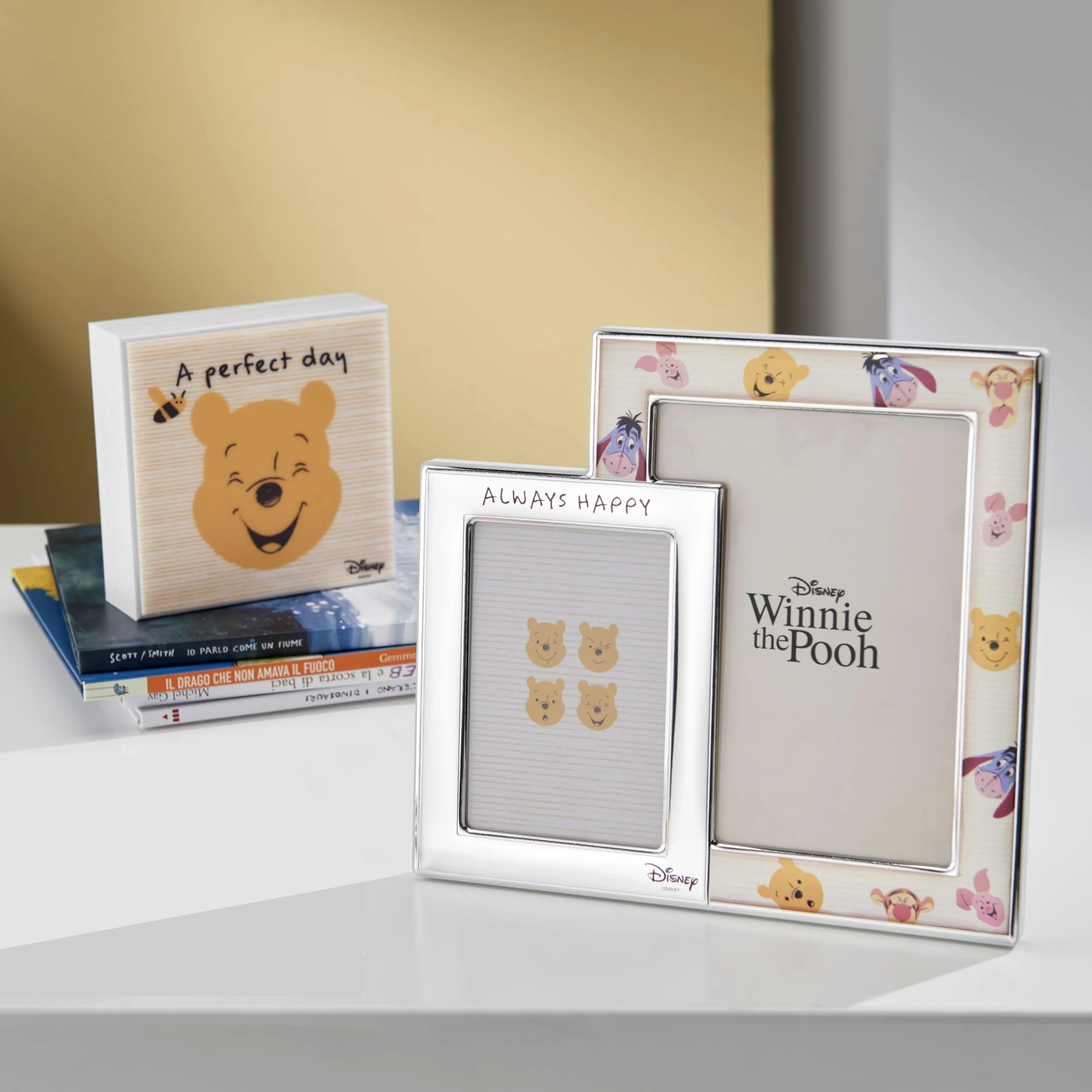 VALENTI & CO. Disney Baby - Winnie The Pooh - Cornice Porta Foto Doppia da Tavolo, in Argento, Idea Regalo Bambino o Neonato per Battesimo o Compleanno