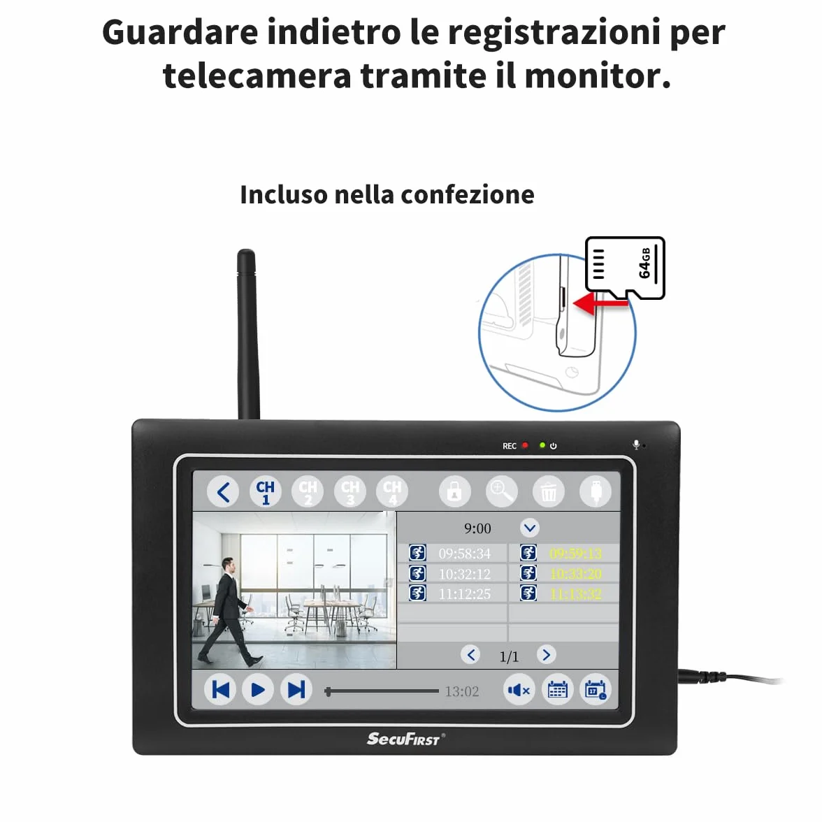 SecuFirst Kit Telecamere Videosorveglianza Esterno,Con monitor Touch Screen da 7",Lavora senza wifi,2K telecamere senza fili da esterno.64 GB di memoria,Nessun costo di abbonamento.