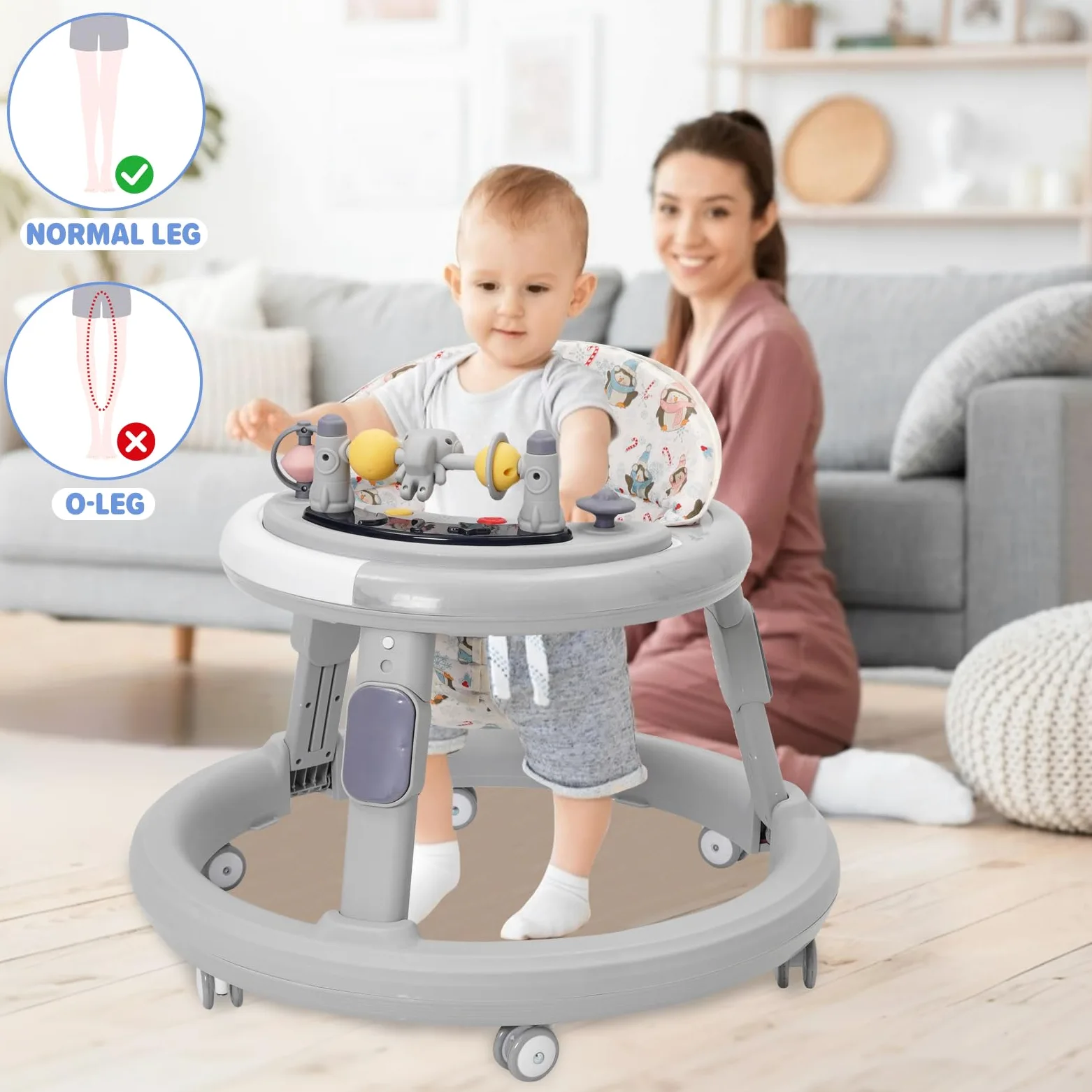 Girello per Bambini 3 in 1,Carrellino Primi Passi,Girello Pieghevole con Vassoio/Centro Giochi,Primi Passi per Bambini 6-18 Mesi,Ruote Silenziose a 360°