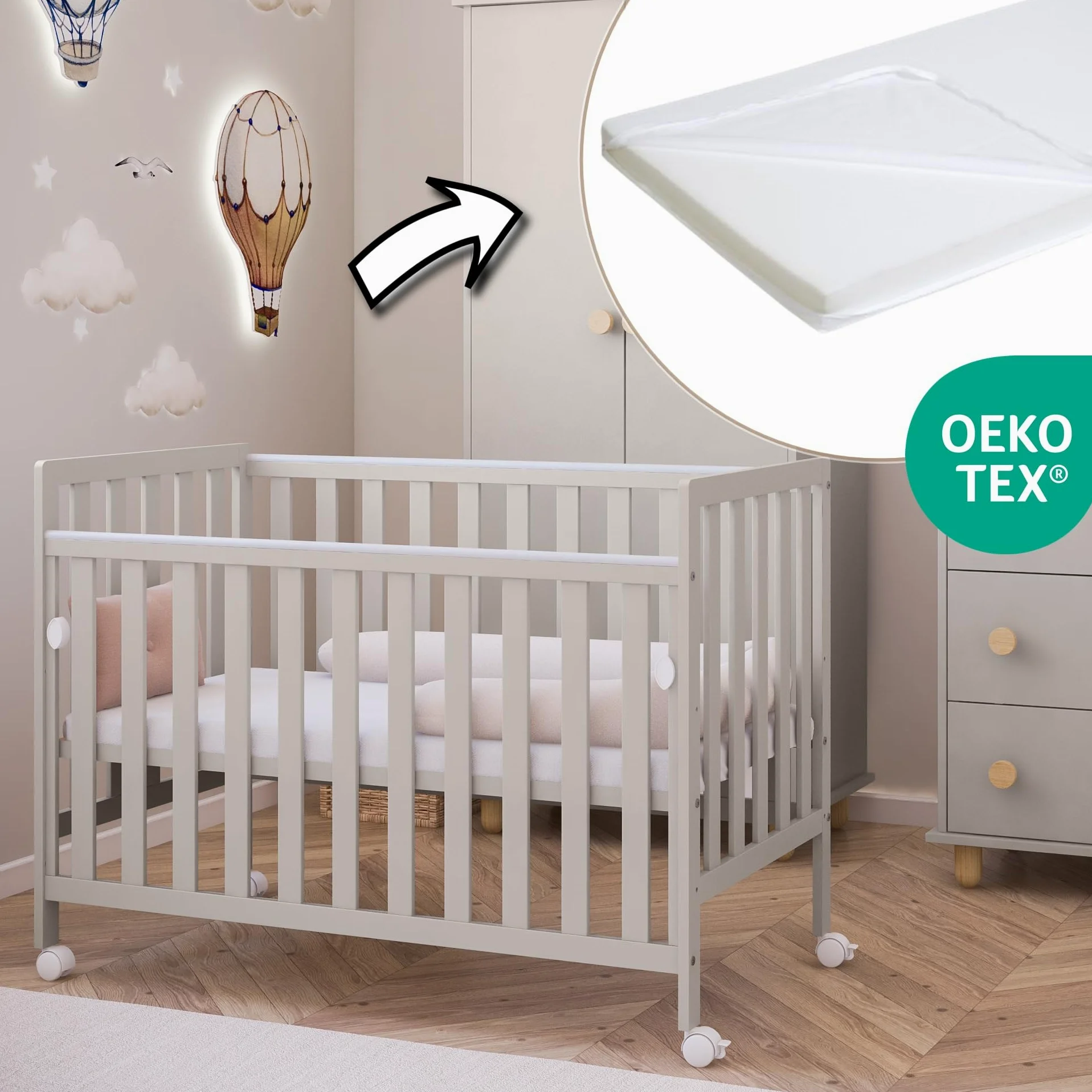 zee BAMBI Lettino Neonato 120x60 cm Cashmere con Materasso e Ruote Lettino Bambino con Lato Abbassabile Rete Regolabile 3 Livelli Letto per Bambini