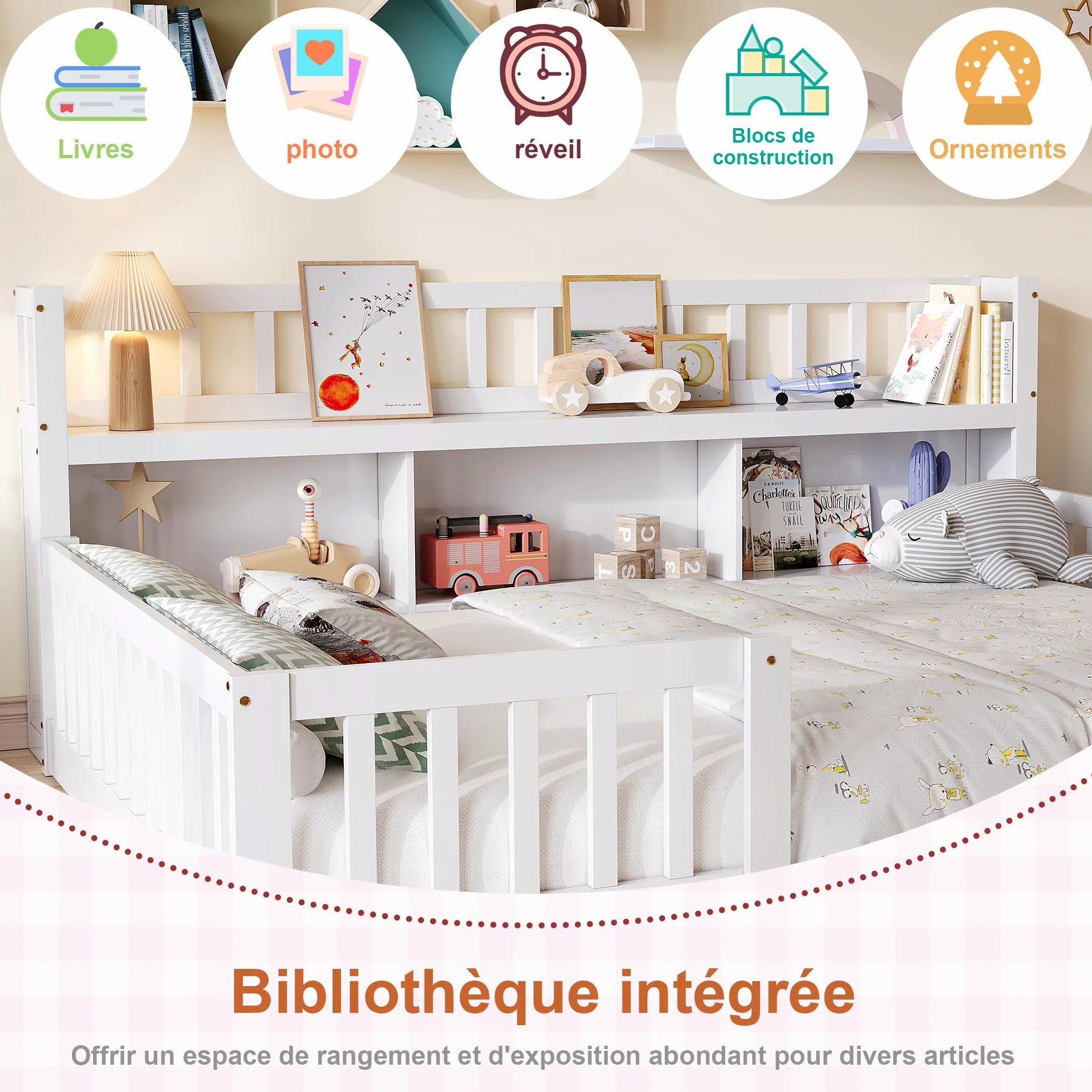 DADEA Montessori - Lettino da pavimento, 140 x 200 cm, con protezione anticaduta e rete a doghe, letto singolo per bambini e ragazzi, senza materasso