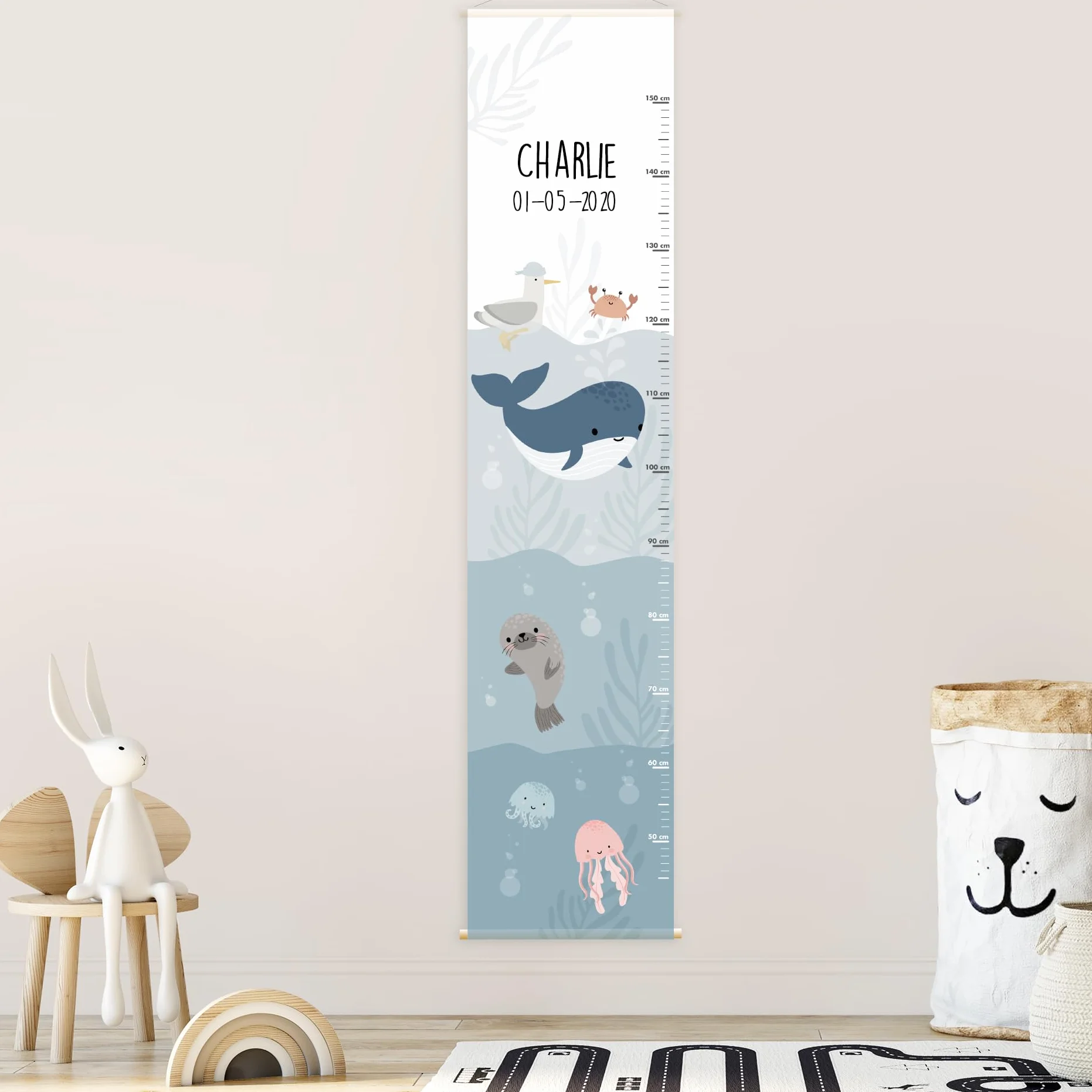 Metro crescita bimbi personalizzato con nome e data nascita decorazione cameretta 129x28 cm Mare