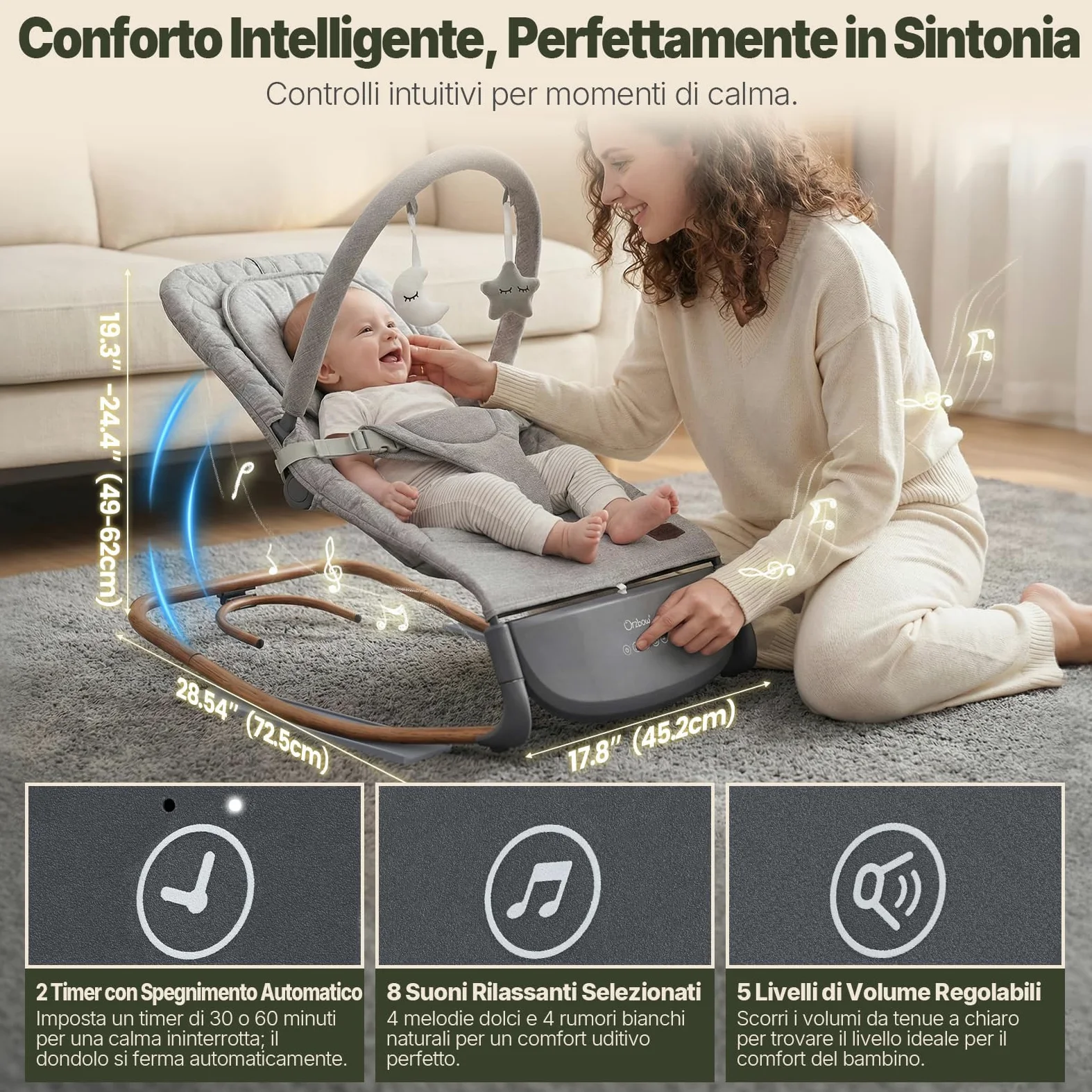 Sdraietta Neonati Elettrica, Dondolo Neonati Elettrico con 3 Velocità, Controllo a Colpetto & Pannello Touch, 2 Timer (30/60 Min), 8 Melodie, Volume Regolabile, per 0-12 Mesi, Fino a 18 kg, Grigio