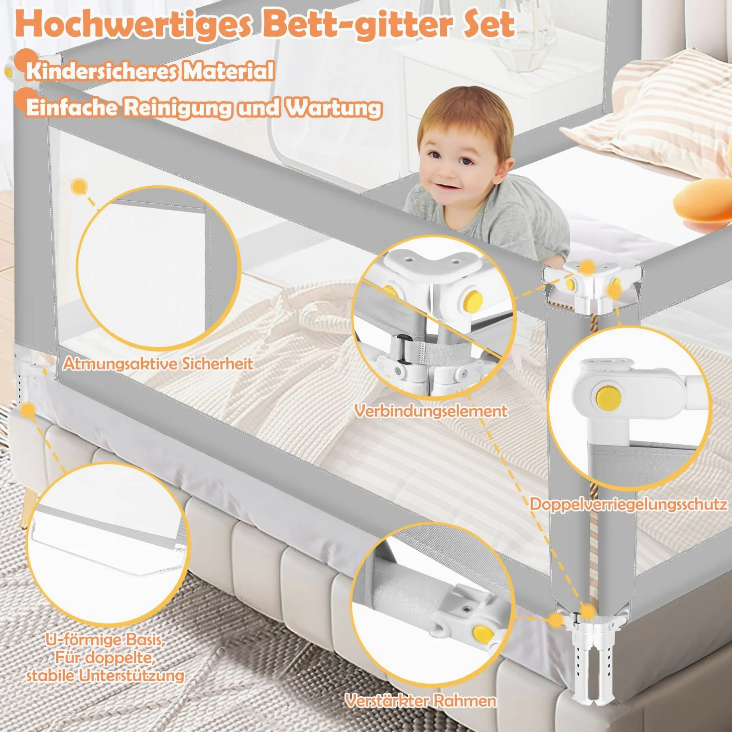 Griglia per letto 200 cm x 2 + 150 cm x 1, pieghevole con base a forma di U, griglia di protezione per lettino, altezza regolabile 68-95 cm, per bambini e letti dei genitori, grigio