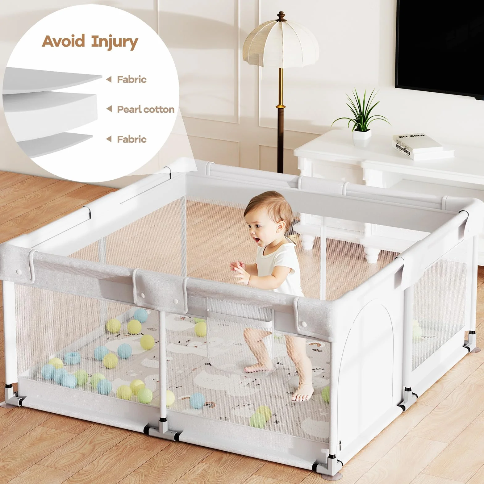 Box per bambini con materasso, 120 x 120 cm, piccolo box con tappetino, box per appartamenti, box con rete traspirante su quattro lati e ventose