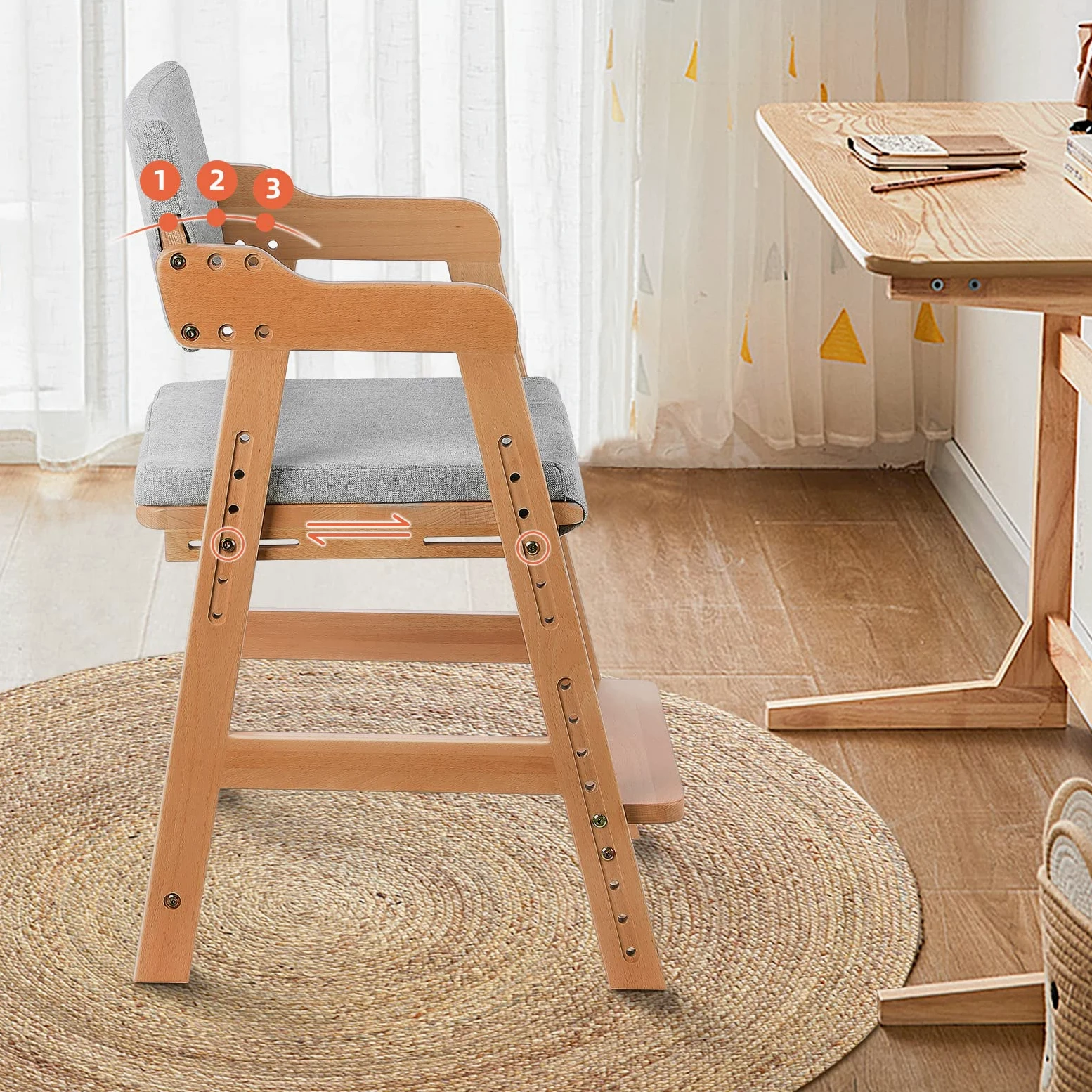 Ezebaby Seggiolone, sedia per bambini, in legno di faggio, regolabile in altezza, stabile e sicura, fino a 90 kg, per bambini e adulti