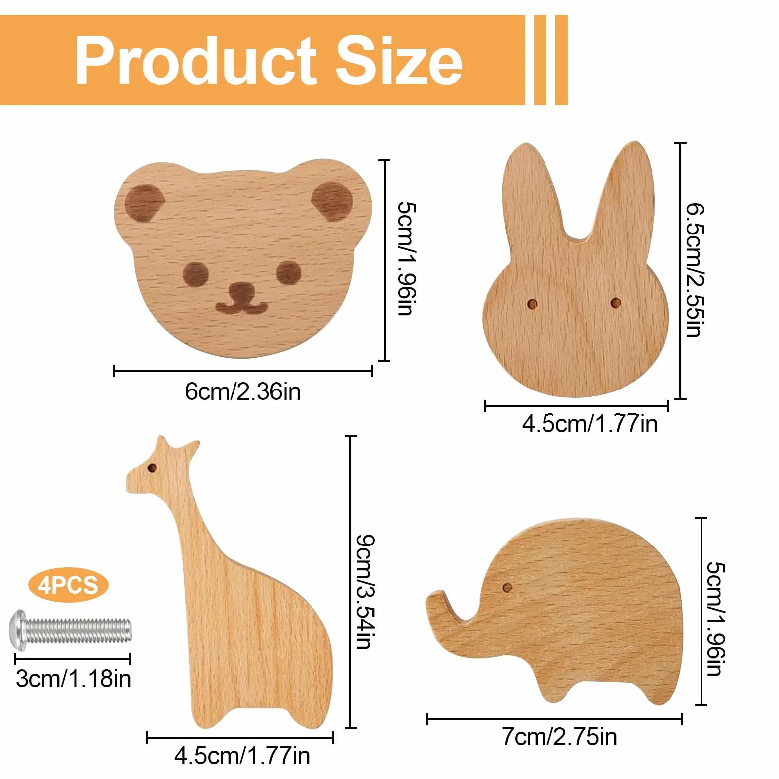 Pomelli per Mobili Bambini, 4 pezzi Pomelli in Legno con motivi animali, Pomelli per Mobili in Legno con Viti, Pomelli per Mobili Bambini Animali, Maniglie Armadio Cameretta, Mobili, Cassetti