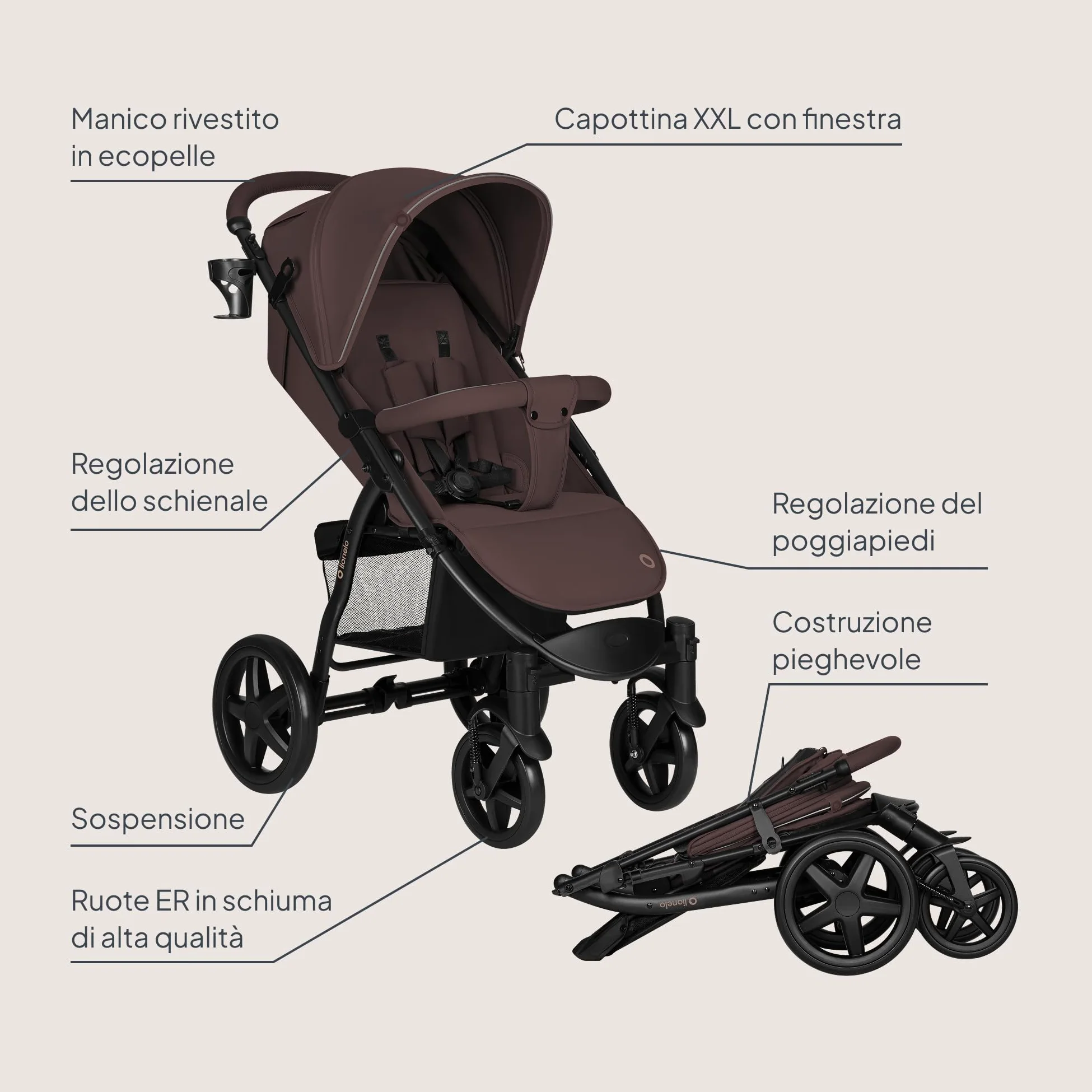 LIONELO Annet passeggino leggero pieghevole grigio regorabile con posizione sdraiata con ruote EVA cappottina XXL con zanzariera coprigambe portabibite fino 22 kg