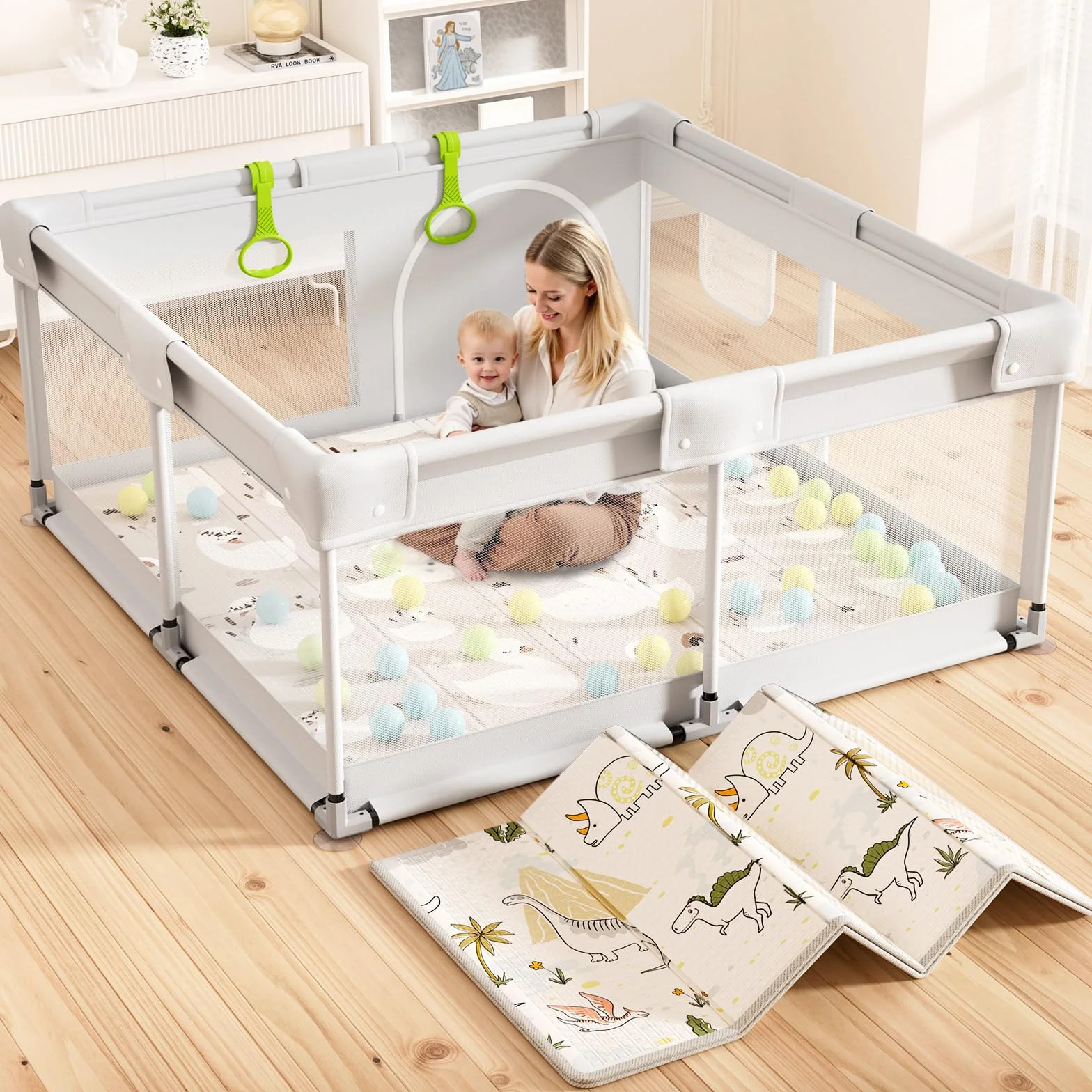 Box per bambini con materasso, 120 x 120 cm, piccolo box con tappetino, box per appartamenti, box con rete traspirante su quattro lati e ventose