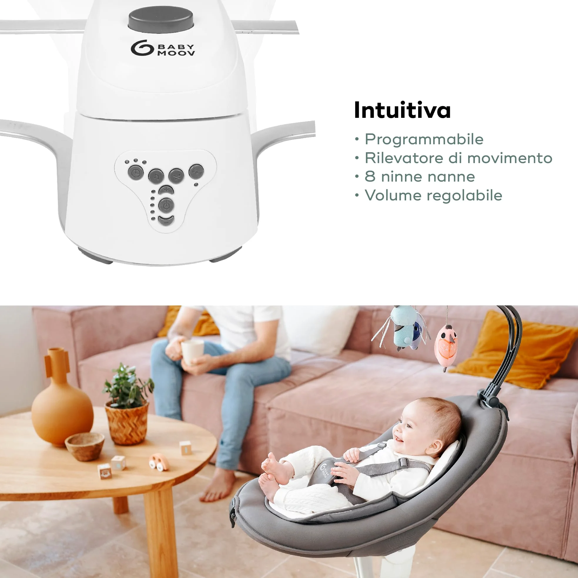 Babymoov Altalena per Bambini Swoon Motion – Seduta Girevole 360°, Dondolamento con 5 Velocità, Rilevatore di Movimento, Giochi Sensoriali e Ninnenanne – Comfort dalla Nascita