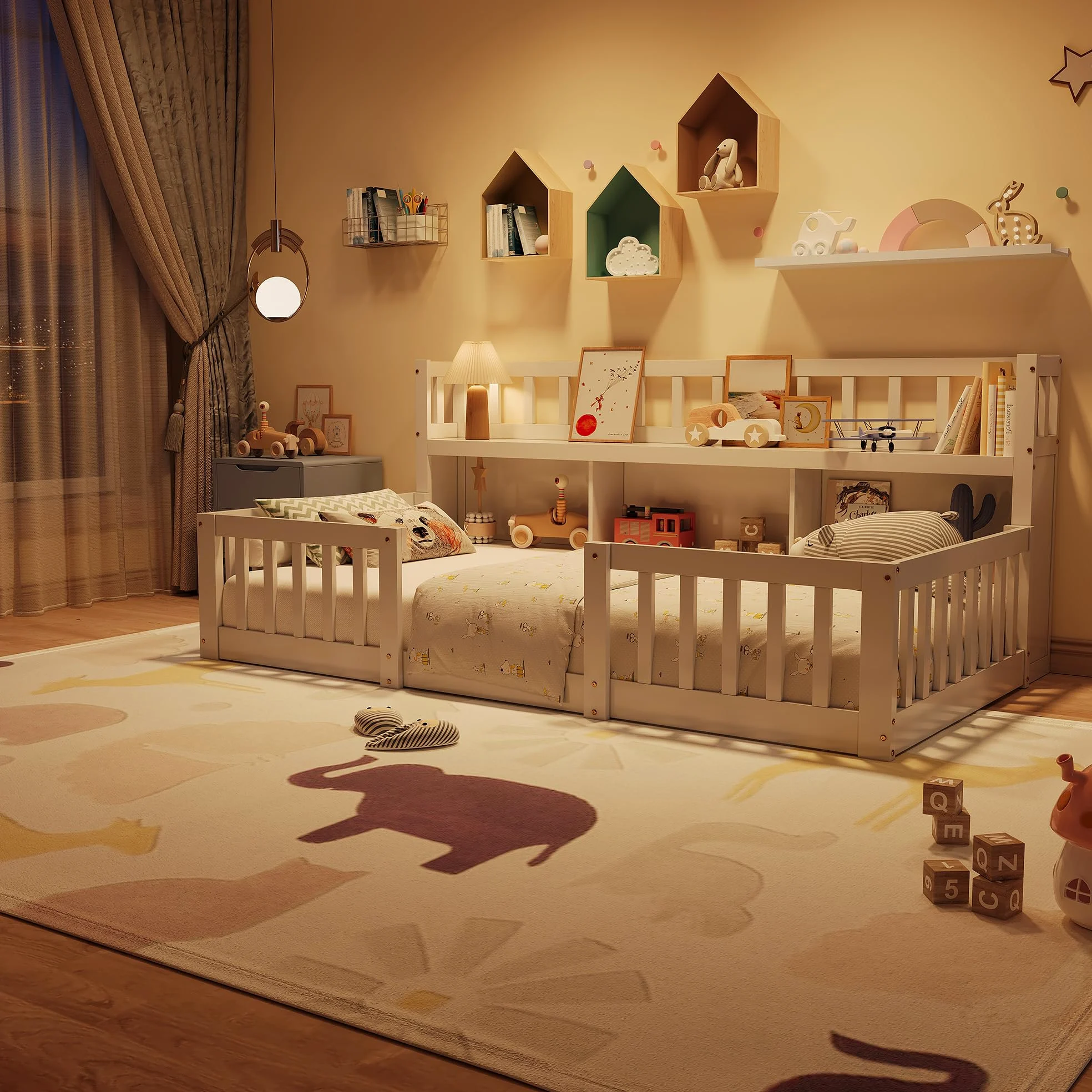 DADEA Montessori - Lettino da pavimento, 140 x 200 cm, con protezione anticaduta e rete a doghe, letto singolo per bambini e ragazzi, senza materasso