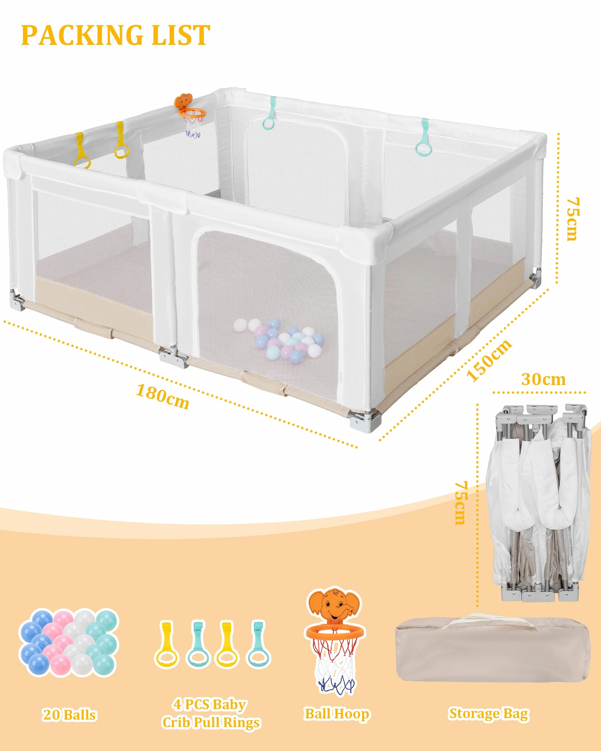 Box per Bambini Grande e Pieghevole: 180x150x75cm Box per Bambino da Interno ed Esterno Con 20 Palline Oceaniche,1 Canestro da Basket,4 Maniglie e 1 Borsa da Viaggio - Area Giochi Ideale per i Bambini
