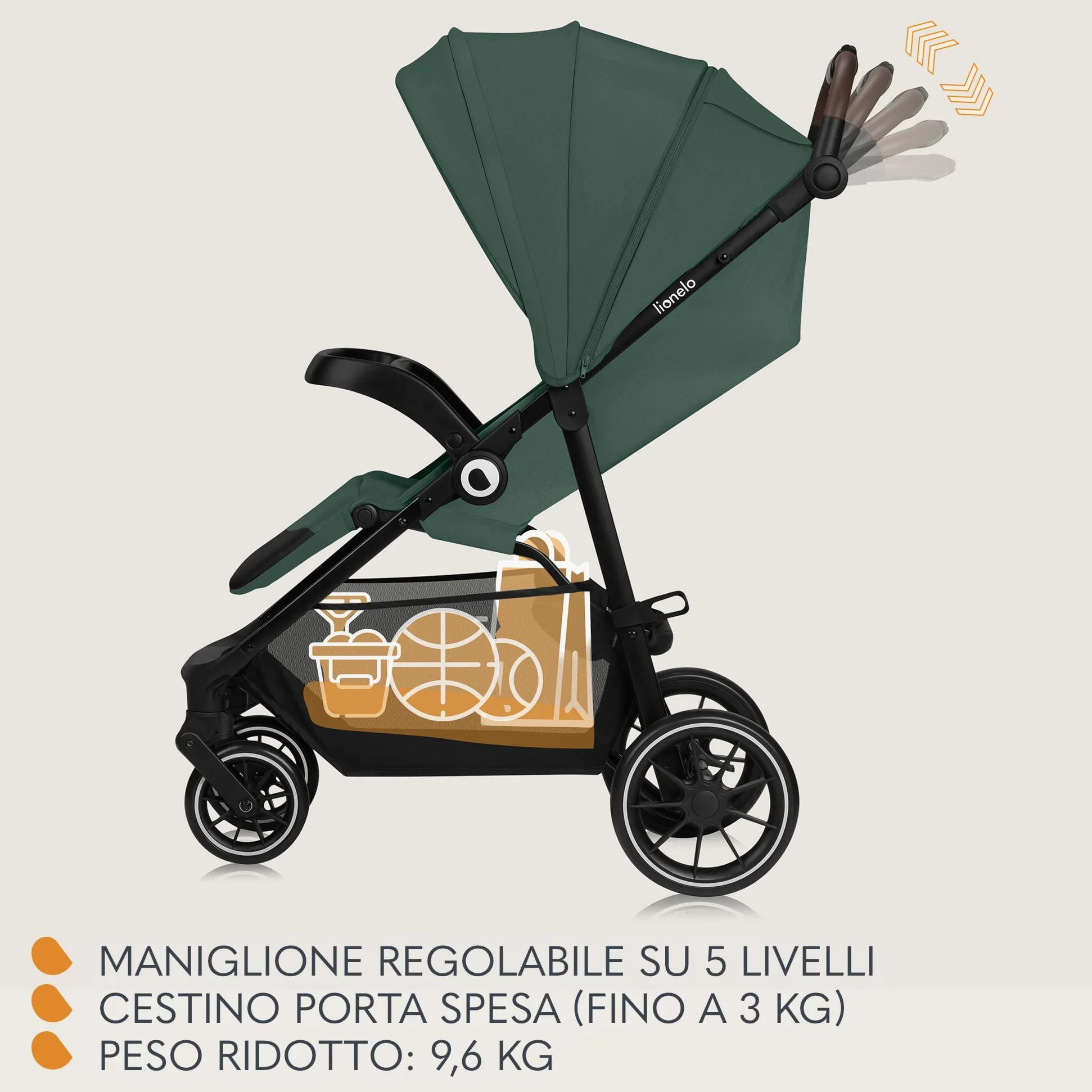 LIONELO EMMA ONE Passeggino laggero per Bambini fino a 22 kg, Compatti con Posizione nanna, Ruote Piroettanti 360° e Assorbimento, Pieghevole Veloce, Schienale e Poggiapiedi Regolabili Tettuccio XXL