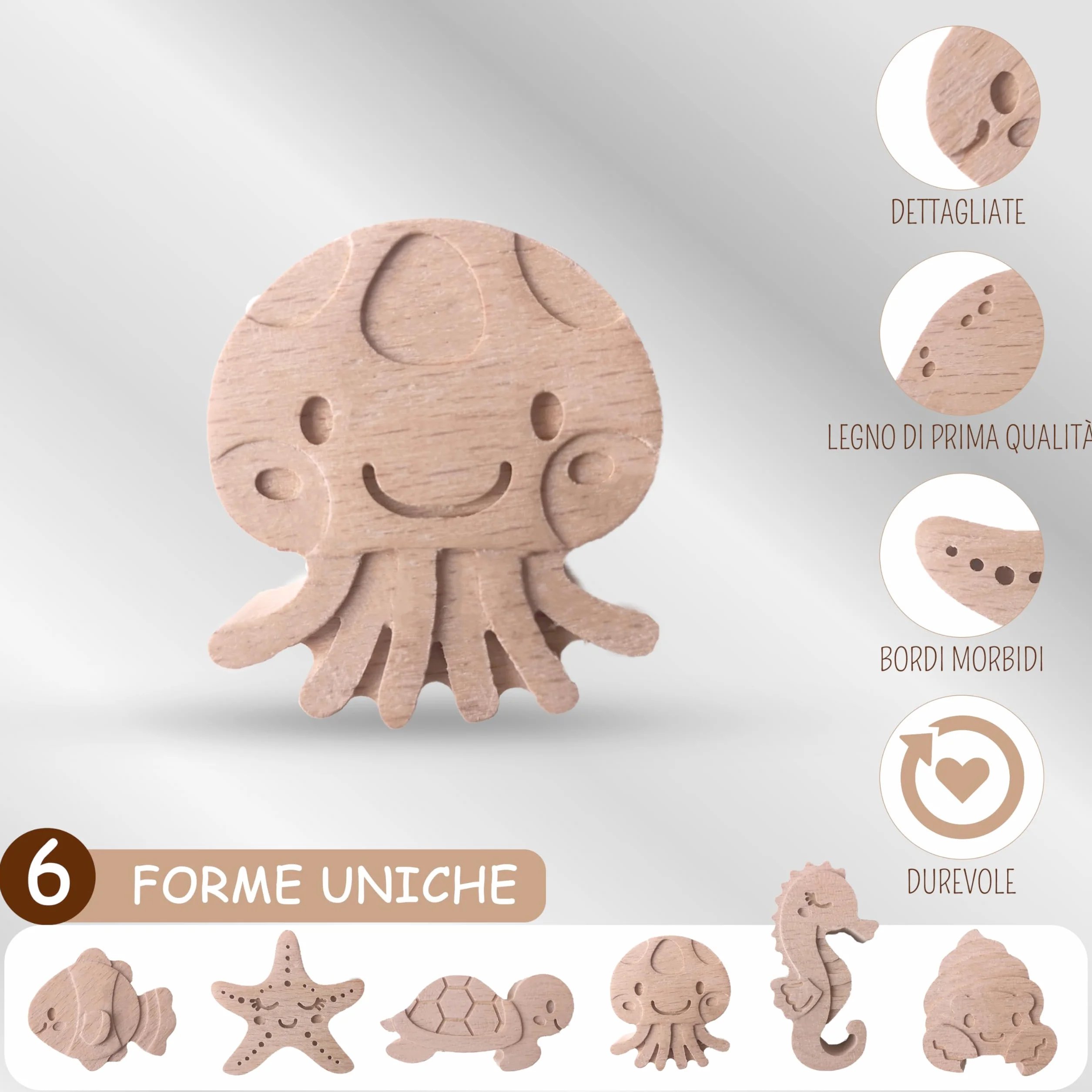 Pomelli per camerette Coffelli (animali marini, confezione da 6) pomelli in legno per cassettiere o guardaroba per bambini, in legno di faggio