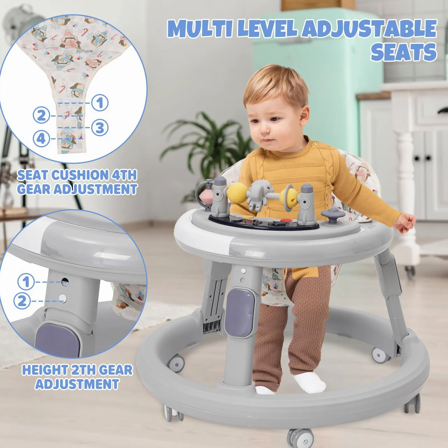 Girello per Bambini 3 in 1,Carrellino Primi Passi,Girello Pieghevole con Vassoio/Centro Giochi,Primi Passi per Bambini 6-18 Mesi,Ruote Silenziose a 360°