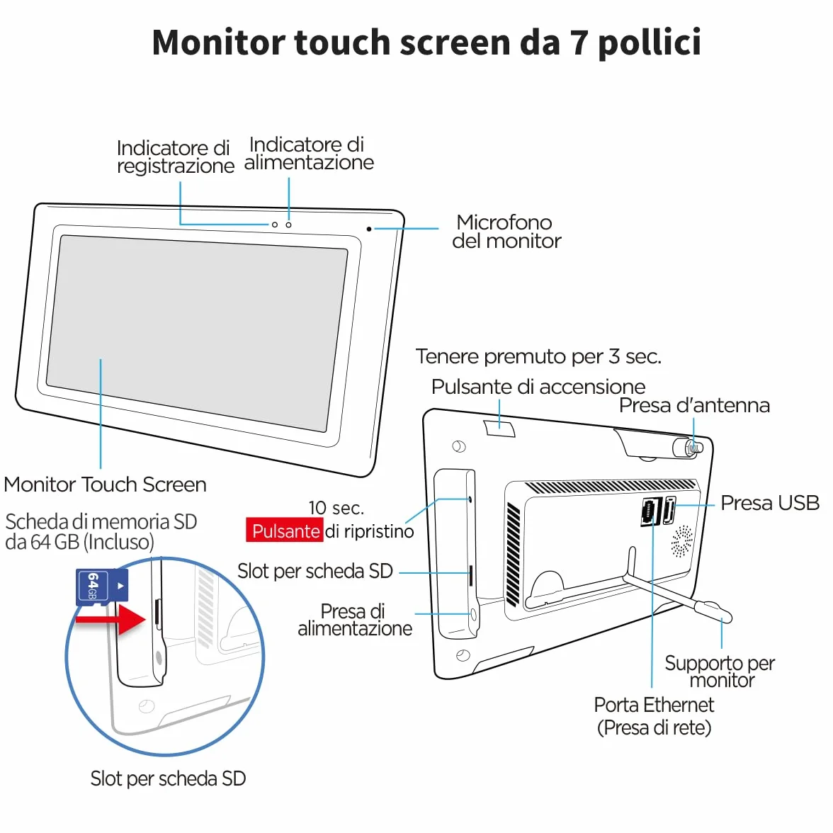 SecuFirst Kit Telecamere Videosorveglianza Esterno,Con monitor Touch Screen da 7",Lavora senza wifi,2K telecamere senza fili da esterno.64 GB di memoria,Nessun costo di abbonamento.