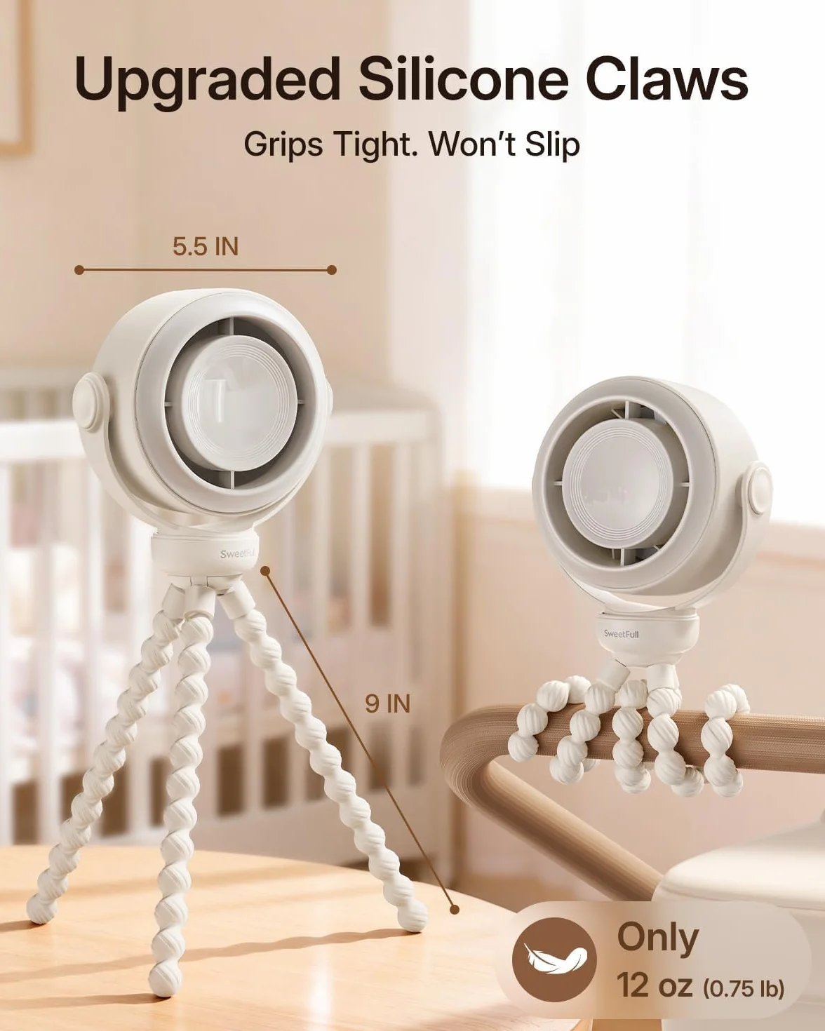 SWEETFULL Mini Ventilatore a Clip per Passeggino, Ventilatore Bambini Silenzioso 5 Velocità, Batteria 10H Ricaricabile USB-C