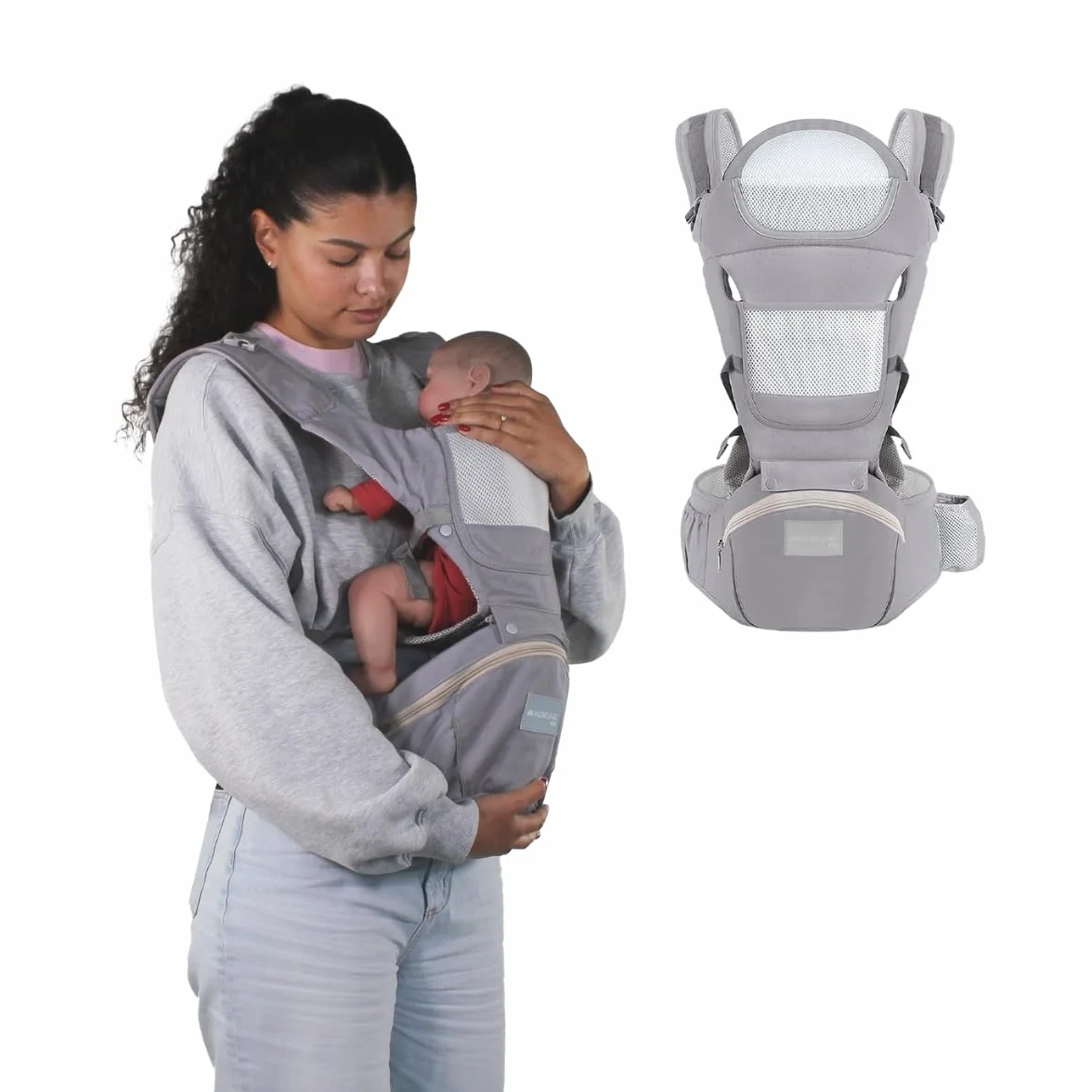 Mobiclinic® kids, Marsupio neonato, 6 in 1, Moley, Ergonomico, Multiposizione, 0-36 mesi, Pieghevole, Tasca con cerniera, Portabiberon, Cotone premium morbido, Per neonati e bambini (grigio)