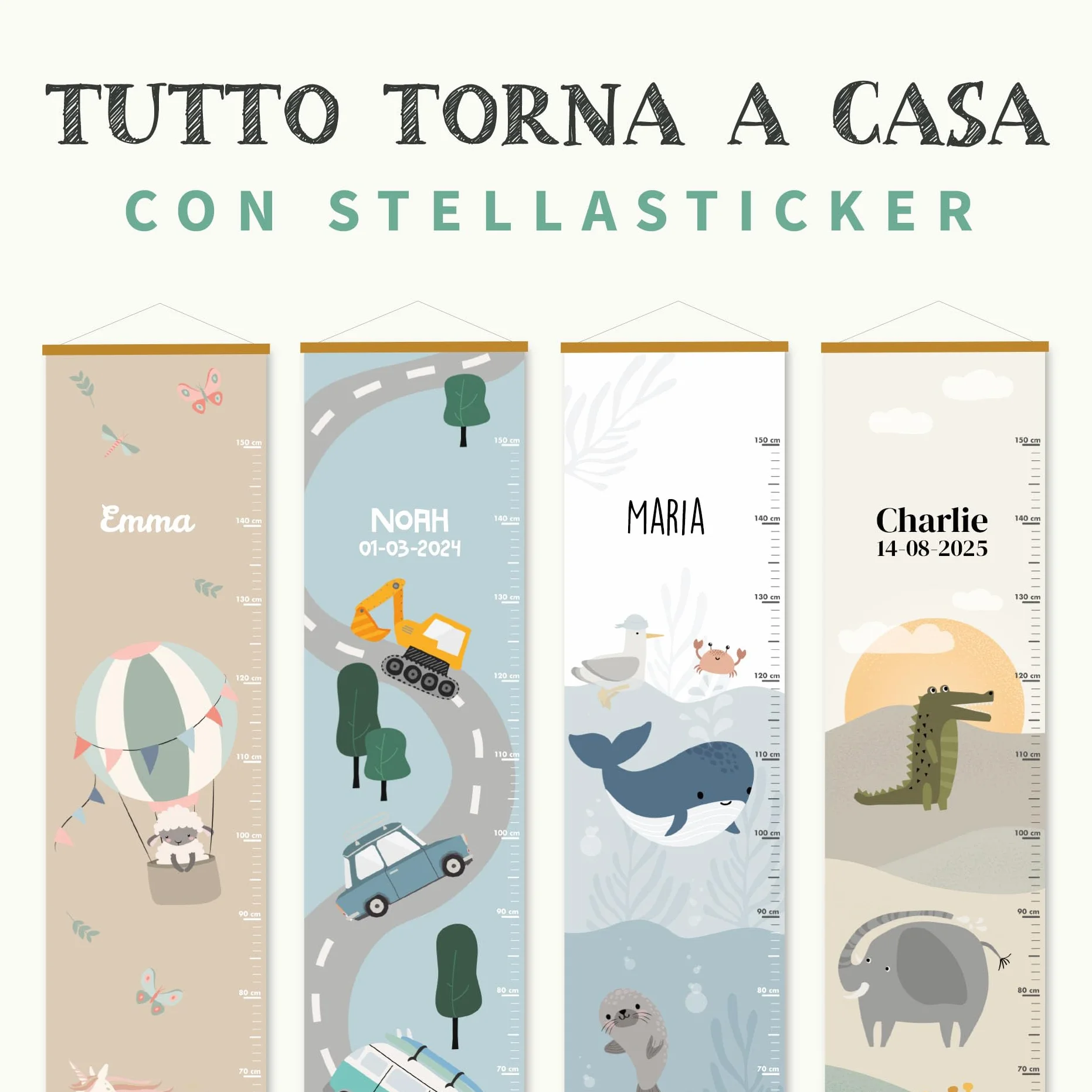 Metro crescita bimbi personalizzato con nome e data nascita decorazione cameretta 129x28 cm Mare