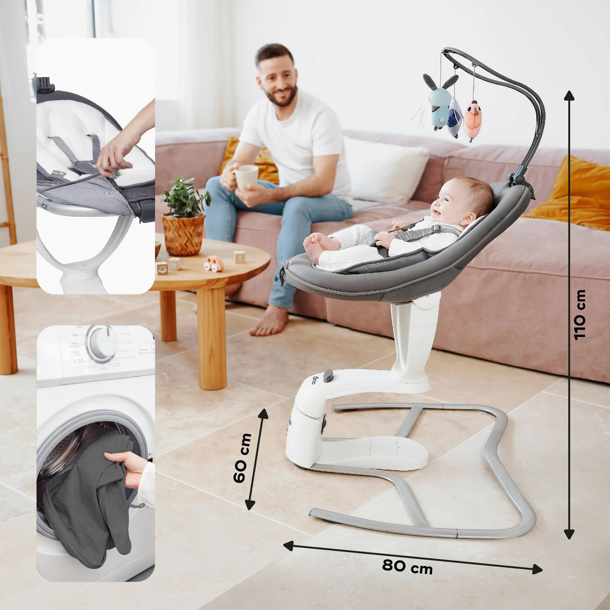 Babymoov Altalena per Bambini Swoon Motion – Seduta Girevole 360°, Dondolamento con 5 Velocità, Rilevatore di Movimento, Giochi Sensoriali e Ninnenanne – Comfort dalla Nascita