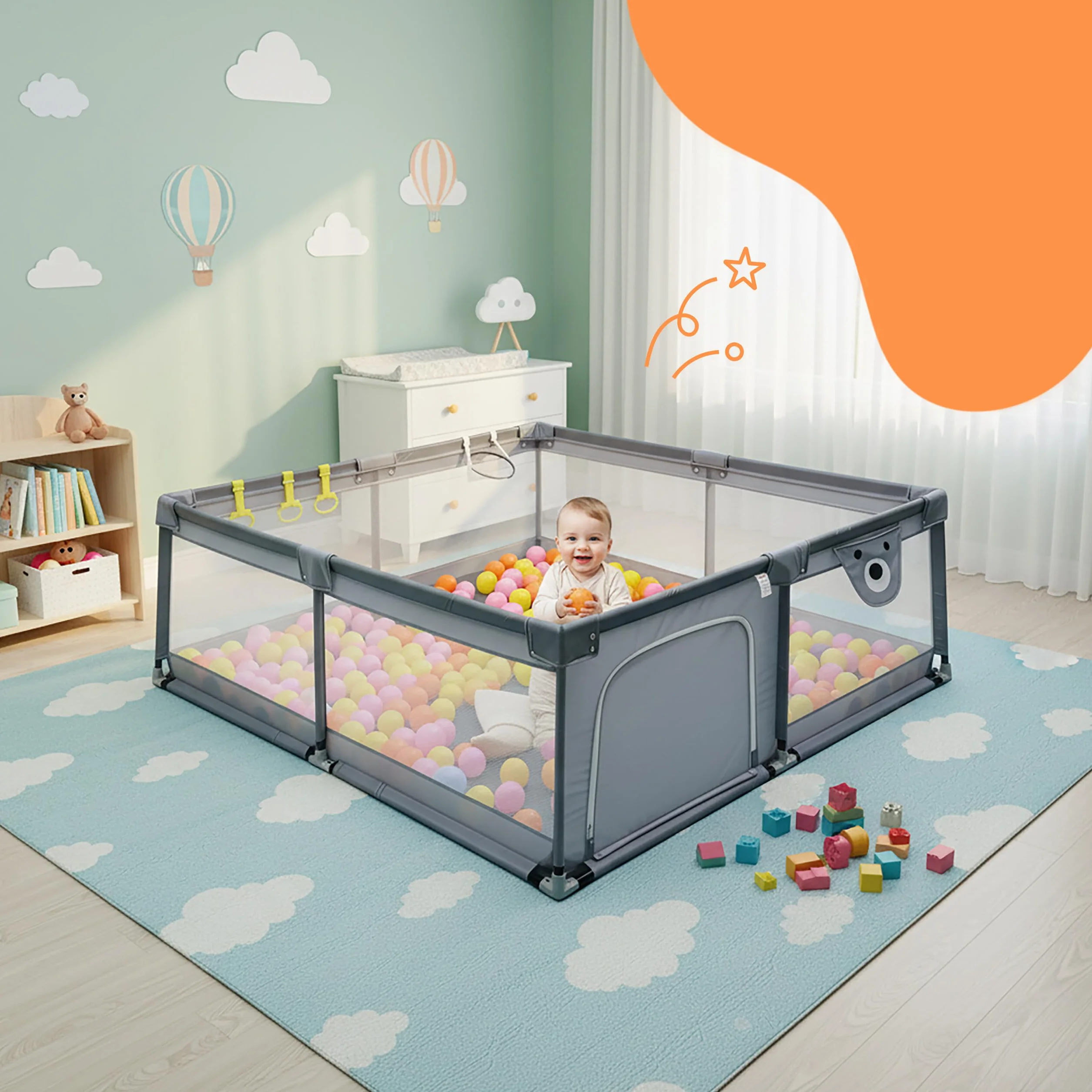 Relaxdays Box per Bambini, 200 x 200 cm, Box Giochi, 50 Palline, 2 Anelli, Angolo Giochi Sicuro, Tessuto Oxford, Grigio