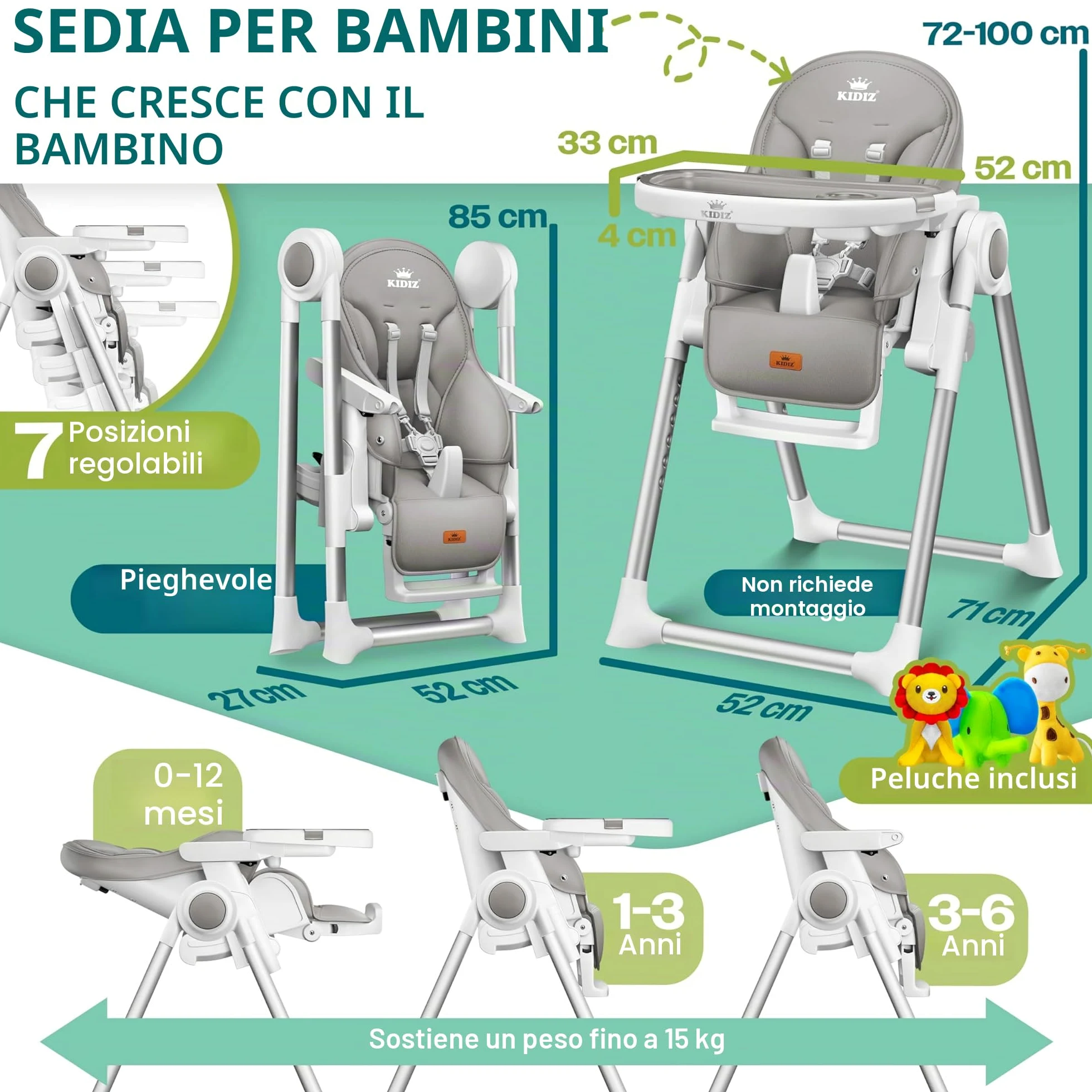 KIDIZ® 3 in 1 Seggiolone Seggiolone per bambini con barra dei giochi, Lettino per bambini, Seggiolone combinato Seggiolone per bambini, Schienale regolabile in 7 diverse altezze, grigio chiaro