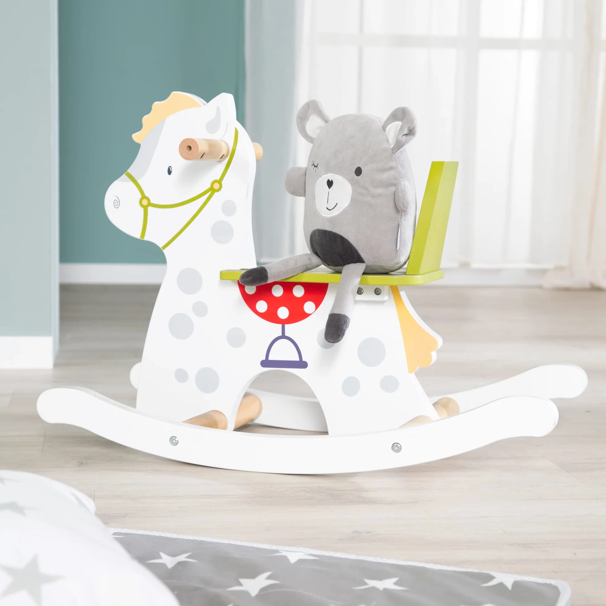 roba Cavallo a Dondolo Kleiner Racker - Anello di Protezione Rimovibile - per Bambini da 12 Mesi in Su - Ideale come Regalo di Compleanno e Natale - Legno Laccato Bianco